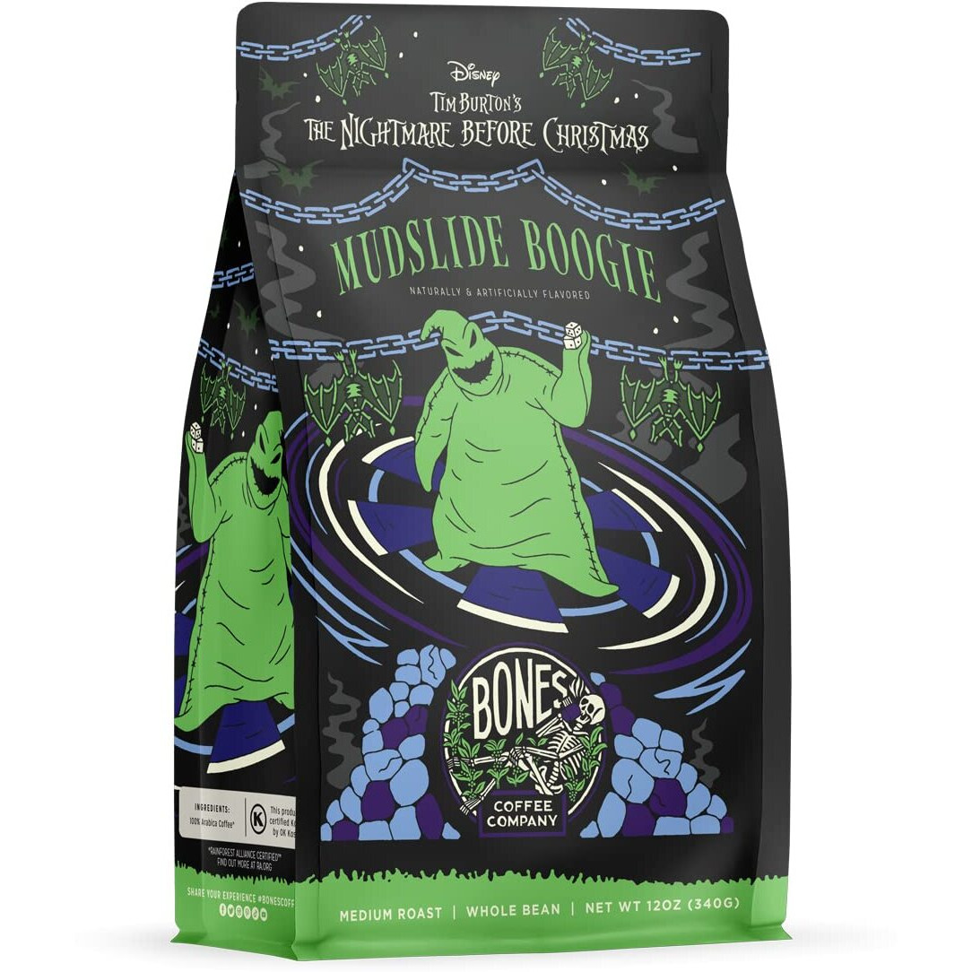 Bones Coffee Company Mudslide Boogie Ground Coffee Beans Chocolate Mudslide Flavor, Made With Arabica Coffee Beans, Medium Roast Gourmet Coffee Inspired By The Nightmare Before Christmas (12 Oz)