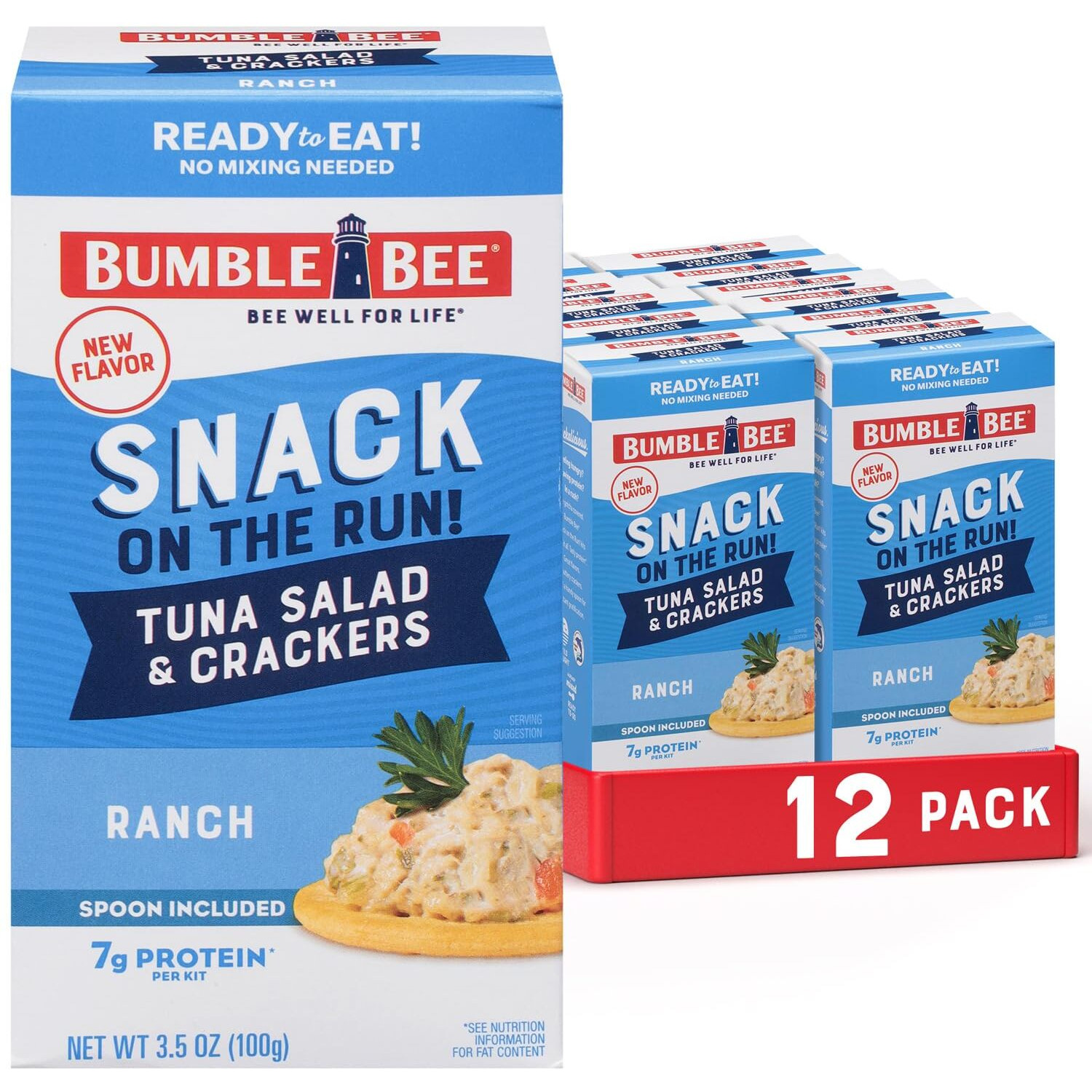 Bumble Bee Snack On The Run- Ranch Tuna Salad With Crackers Kit, 3.5Oz Kit- 12 Pack, Ready To Eat Spoon Included, Wild Caught Tuna Shelf Stable & Convenient Protein Snack