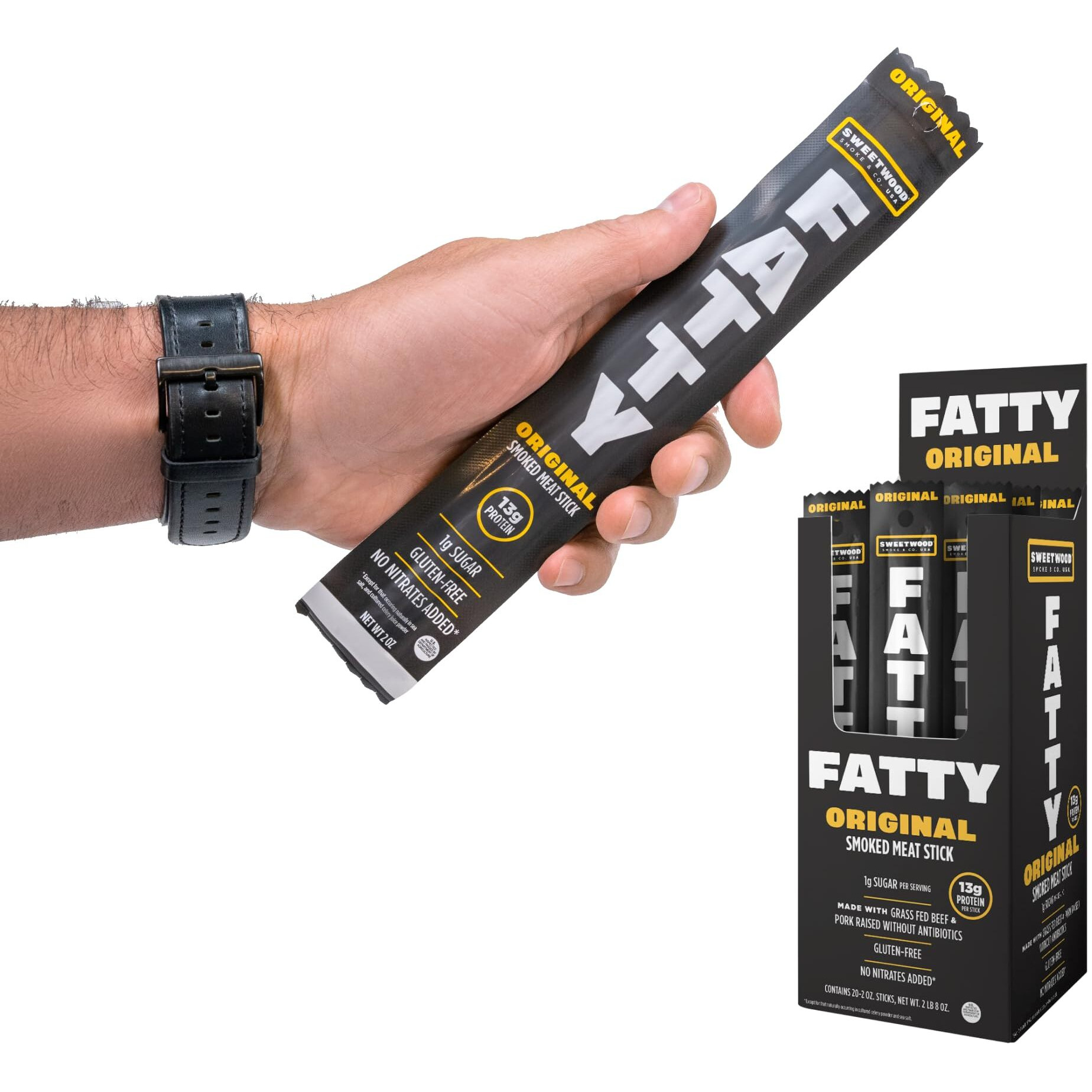 Fatty Meat Sticks, Grass-Fed Beef, High Protein Snack, Camping, Sports, Road Trip, Low Carb, Gluten Free, Msg Free, Nitrate Free, Original Flavor