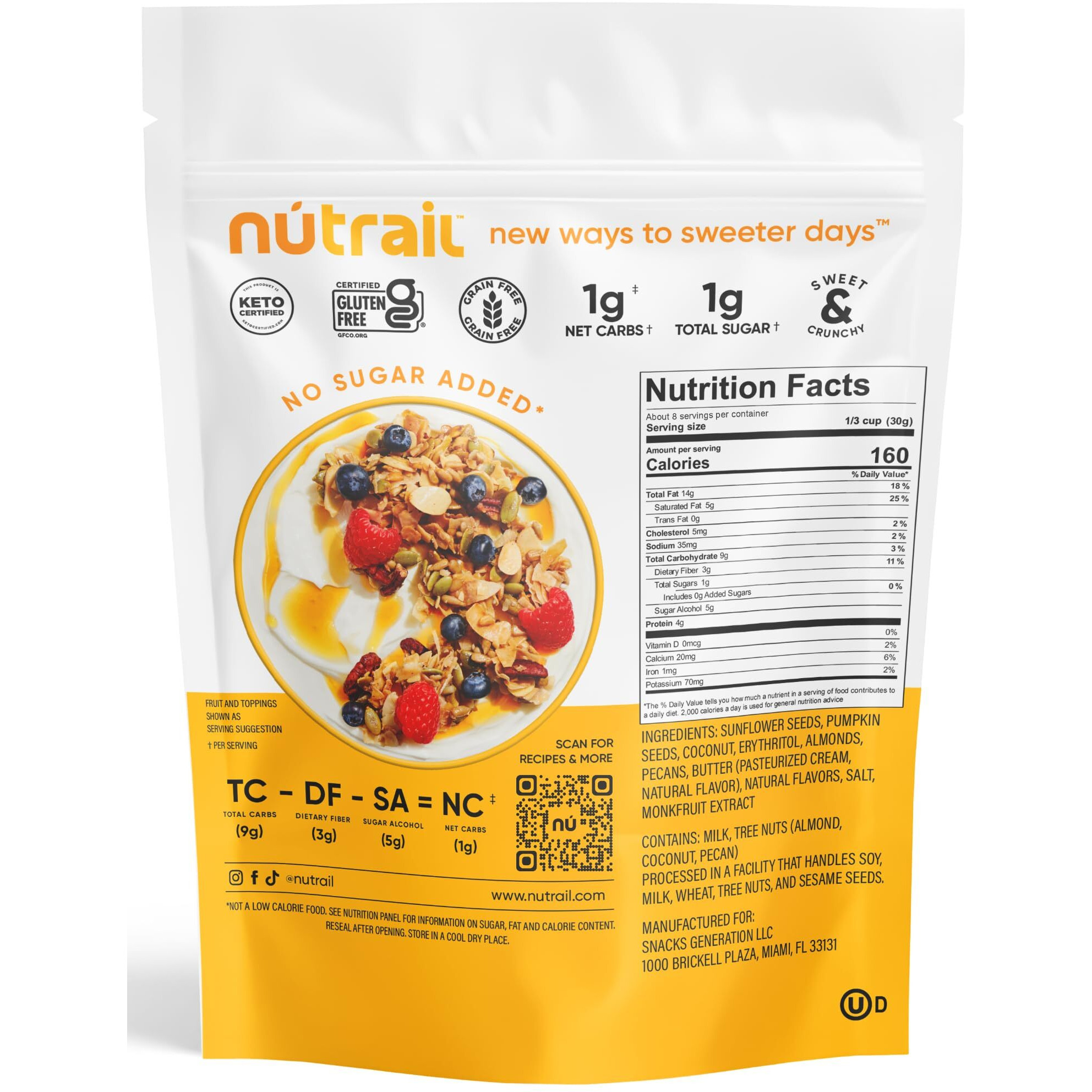 Nutrail Nut Granola Cereal, Honey Nut, No Sugar Added, Keto, Low Carb, Gluten Free, Grain Free, Healthy Breakfast 8 Oz. 3 Count