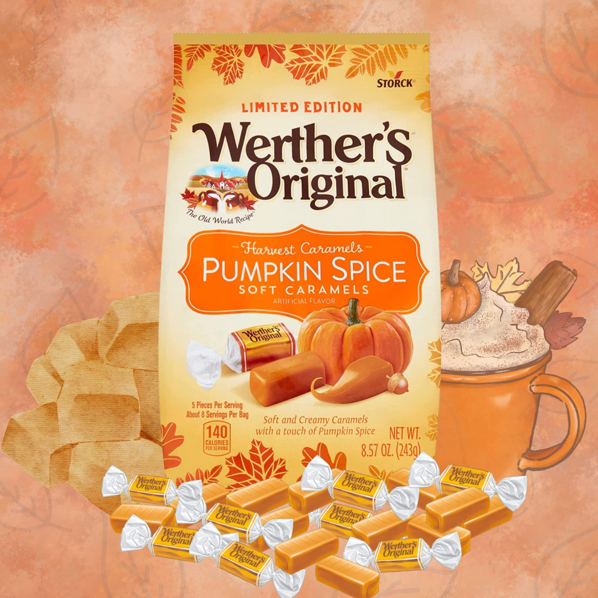 Pumpkin Spice And Caramel Apple Original Soft Caramels, Individually Wrapped Sharable Fall Flavored Candies, 8.57 Ounce Bags, Pack Of 2