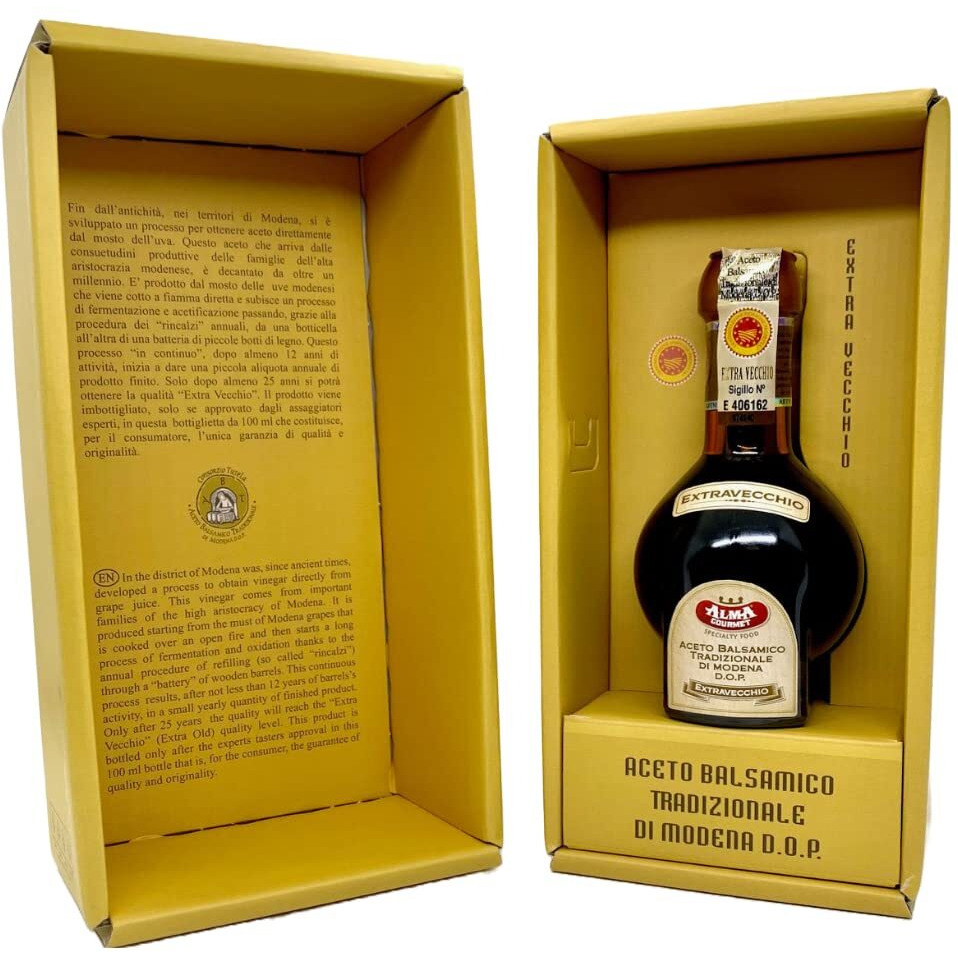 25 Year Aged Extravecchio Traditional Balsamic Vinegar Of Modena D.O.P. | Original Aged Artisanal Italian Aceto Balsamico By Alma Gourmet | 3.4Oz (100G) | Tic Doser Included