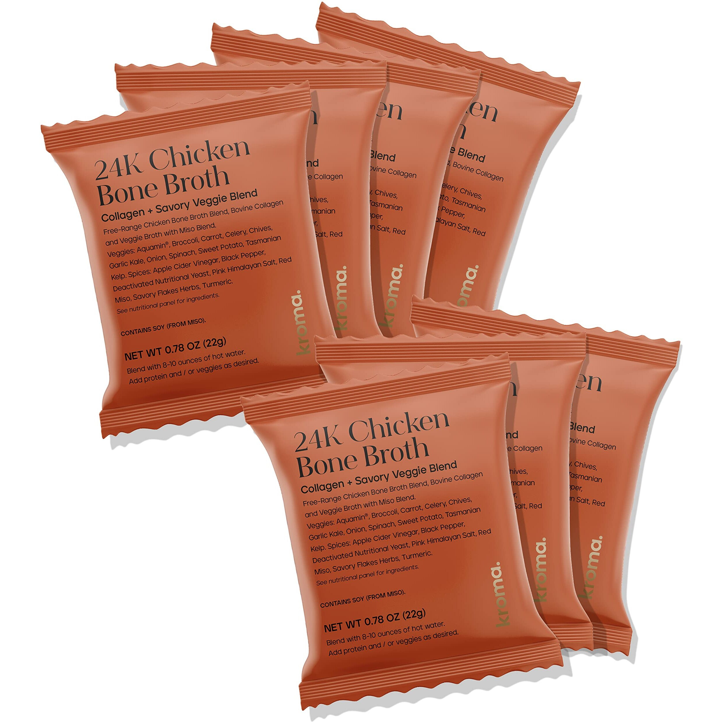 Kroma Premium Chicken Bone Broth, Dairy & Gluten Free Powder Mix With Collagen, Protein, Turmeric, Ginger, Gelatin & Other Organic Ingredients, Promotes Gut Health & Healthy Skin, Hair & Nails - 7 Packets