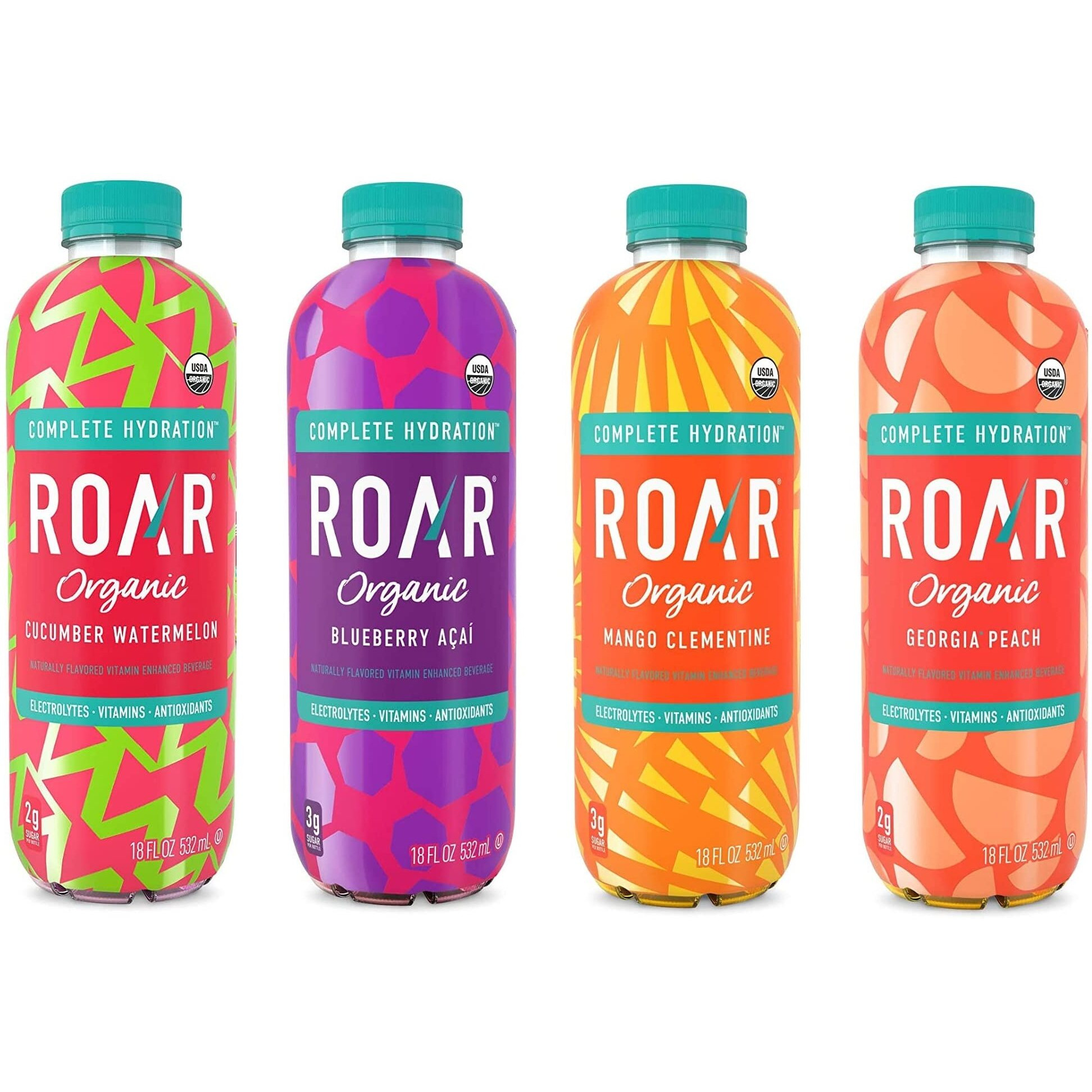 Roar Organic Electrolyte Infusions - 4-Flavor Variety Pack - With Antioxidants, B Vitamins, Low-Sugar, Coconut Water Infused Beverage 18 Fl Oz With Oasis Snacks Sticker (4 Flavor Variety, Pack Of 8)
