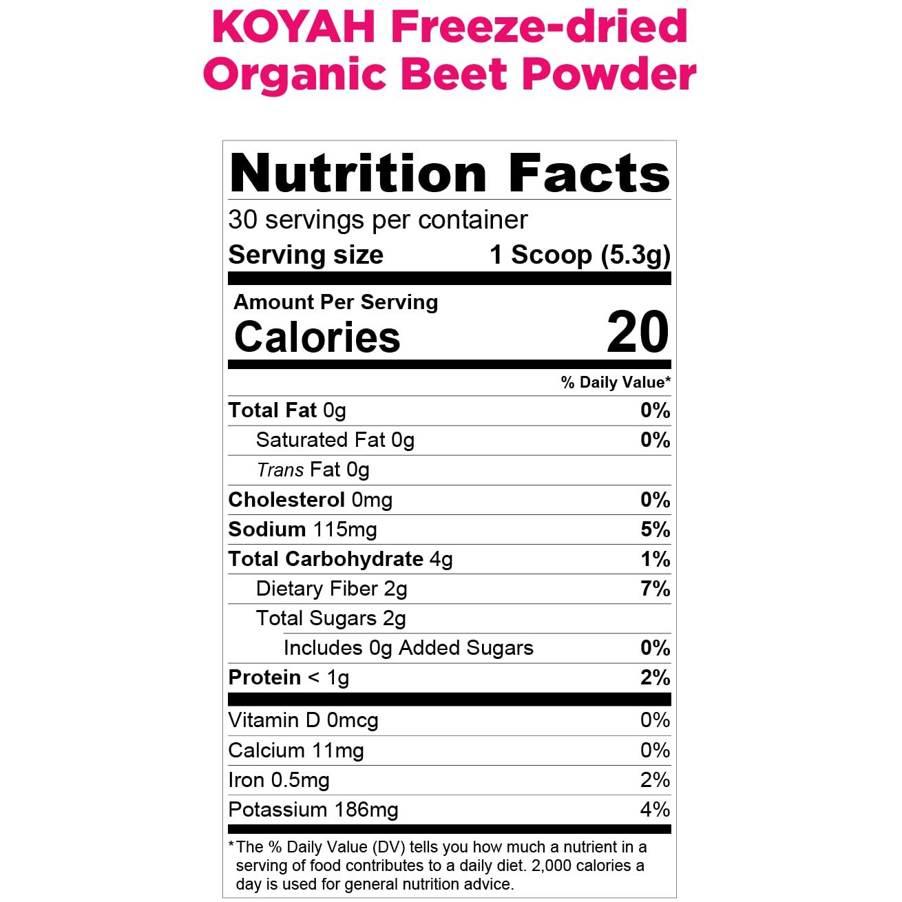 Koyah - Organic Usa Grown Beet Powder (1 Scoop  1/2 Beet) 30 Servings, Freeze-Dried Beetroot, Whole-Root Powder, Add To Water, Juice Or Smoothies.