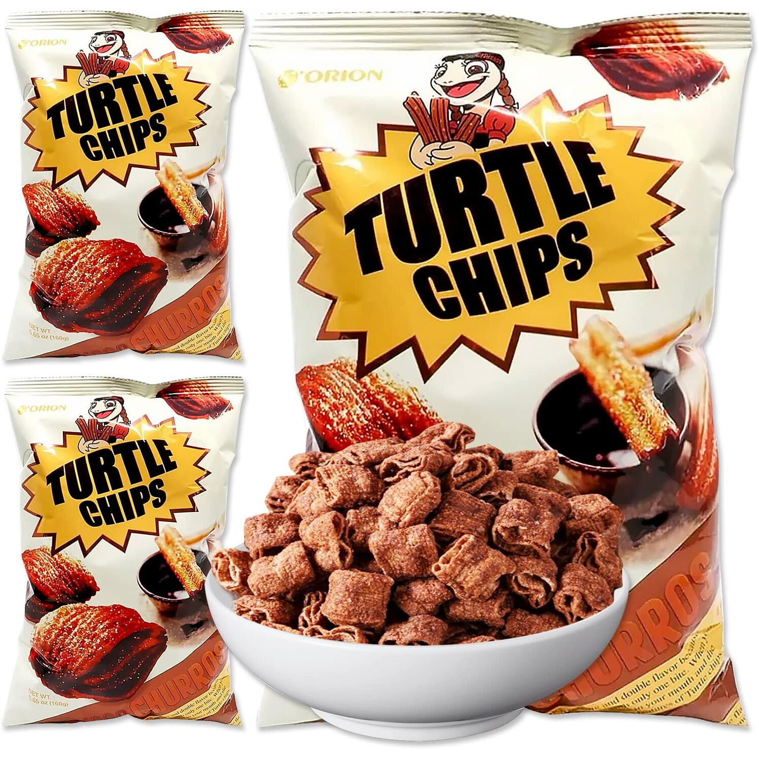 K-Munchies Orion Turtle Chips - 3 Packs Of 160-Gram Choco Churro Flavor Korean Chips - Sweet, Crispy, Korean Snacks With Hint Of Cinnamon - Bite-Sized, On-The-Go Korean Corn Snack