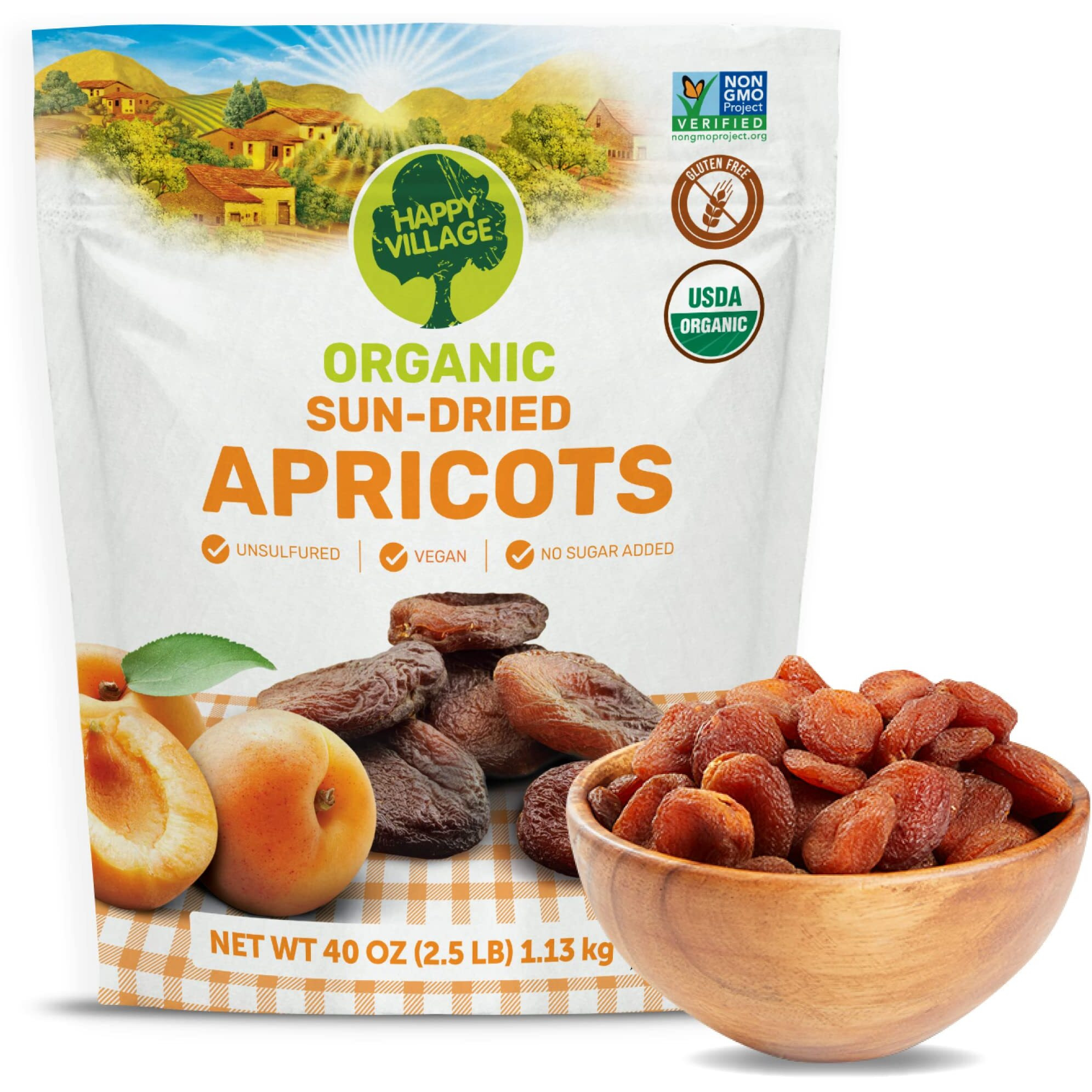 Happy Village Organic Turkish Dried Apricots, No Sugar Added Dried Fruit, 40 Oz Resealable Pack - Kosher, Non-Gmo, Unsweetened, Unsulfured, Vegan Sun-Dried Apricot