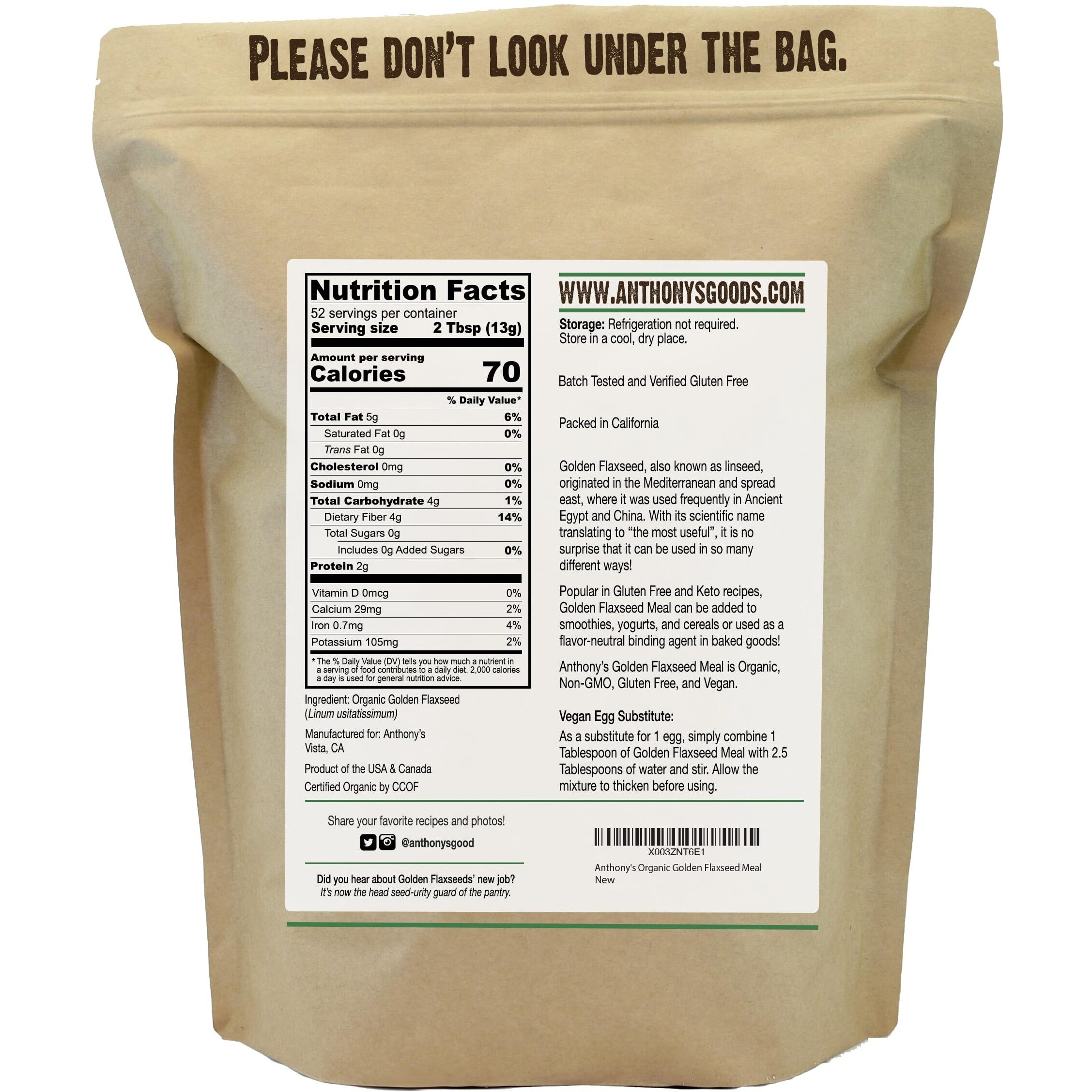 Anthony's Organic Golden Flaxseed Meal, 1.5 Lb, Gluten Free, Non-Gmo, Vegan