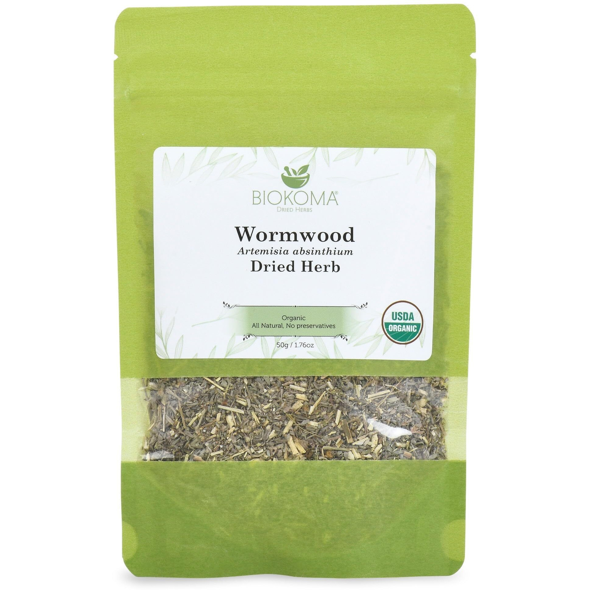 Biokoma Pure And Organic Wormwood Dried Herb 50G (1.76Oz) In Resealable Moisture Proof Pouch, Usda Certified Organic - Herbal Tea, No Additives, No Preservatives, No Gmo, Kosher