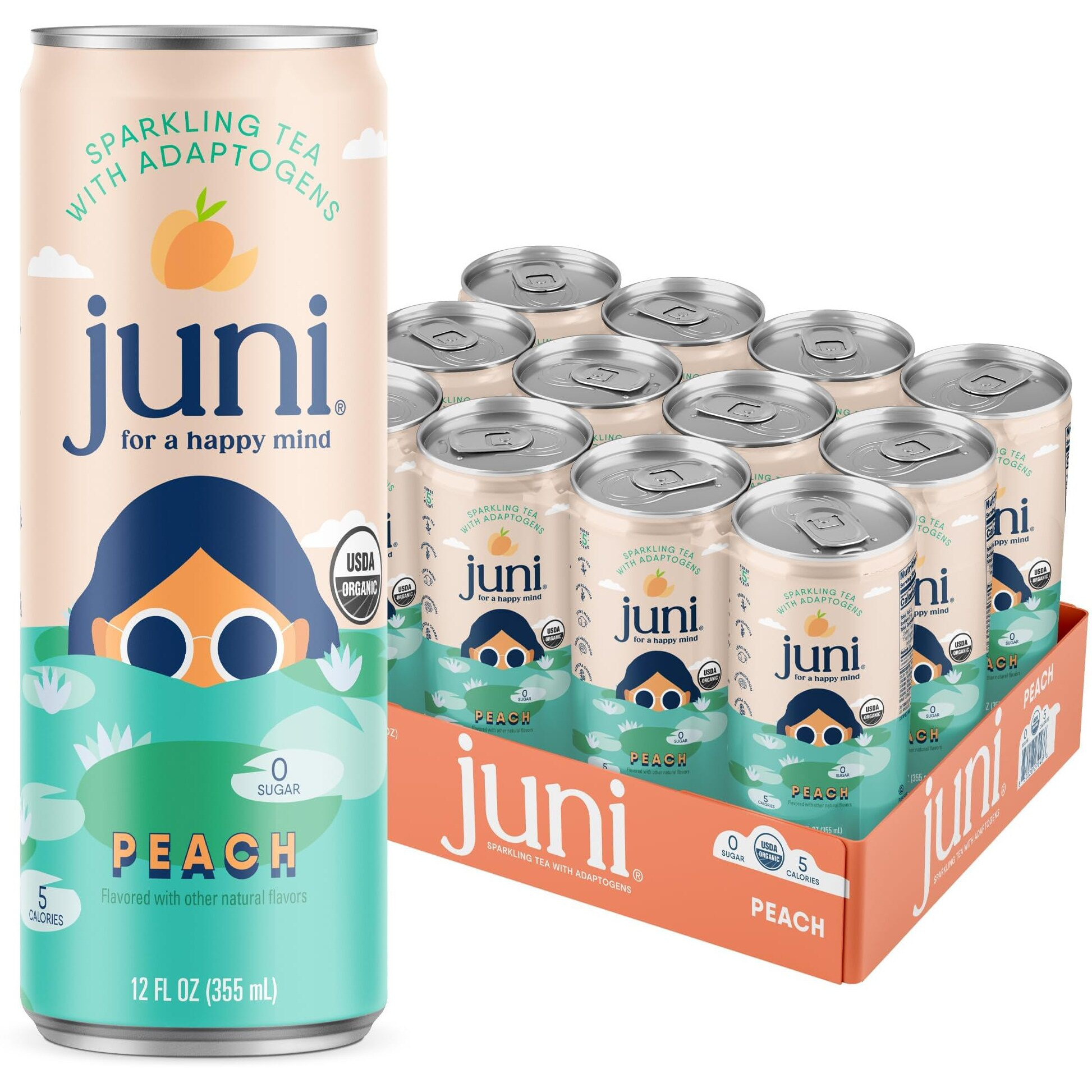 Juni Sparkling Tea With Adaptogens, Peach Tea, Zero Sugar, 5 Calories, Organic, Iced Tea, Natural Caffeine From Green Tea, Vegan, Adaptogen Drink, 12 Fl Oz Cans (12-Pack)