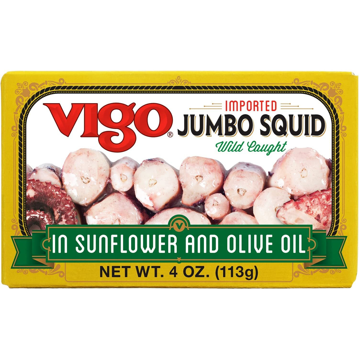 Vigo Premium Imported Canned Seafood, Jumbo Squid In Sunflower & Olive Oil, Specialty Flavored, Perfect For Recipes And Dishes (Jumbo Squid In Sunflower & Olive Oil, 4 Ounce (Pack Of 10))