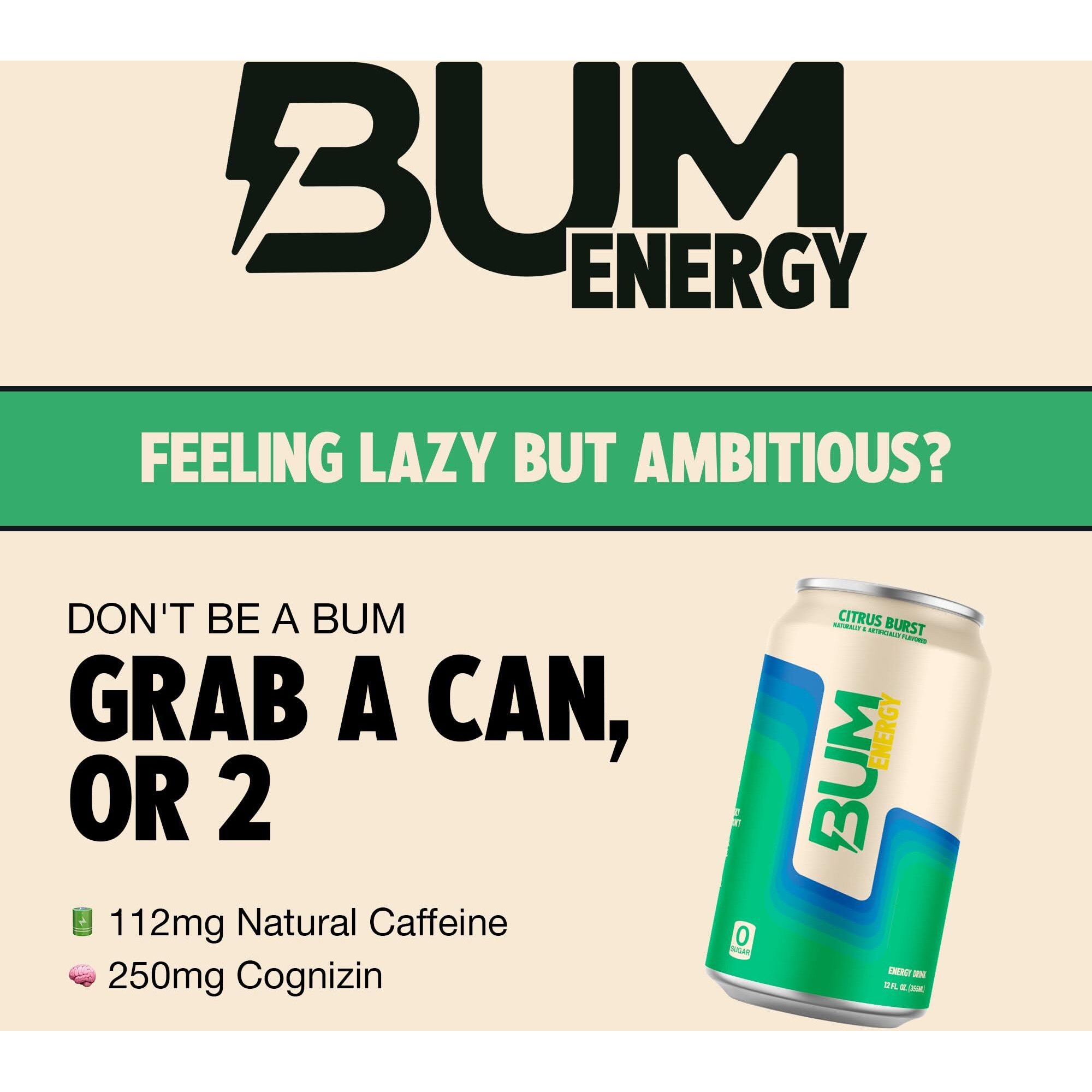Bum Sugar-Free Energy Drink, Citrus Burst - Lightly Carbonated & No Artificial Colors, Natural Caffeine & Citicoline For Energy & Focus, Brain Boost & Workout Sports Beverage - 12 Oz, Pack Of 12