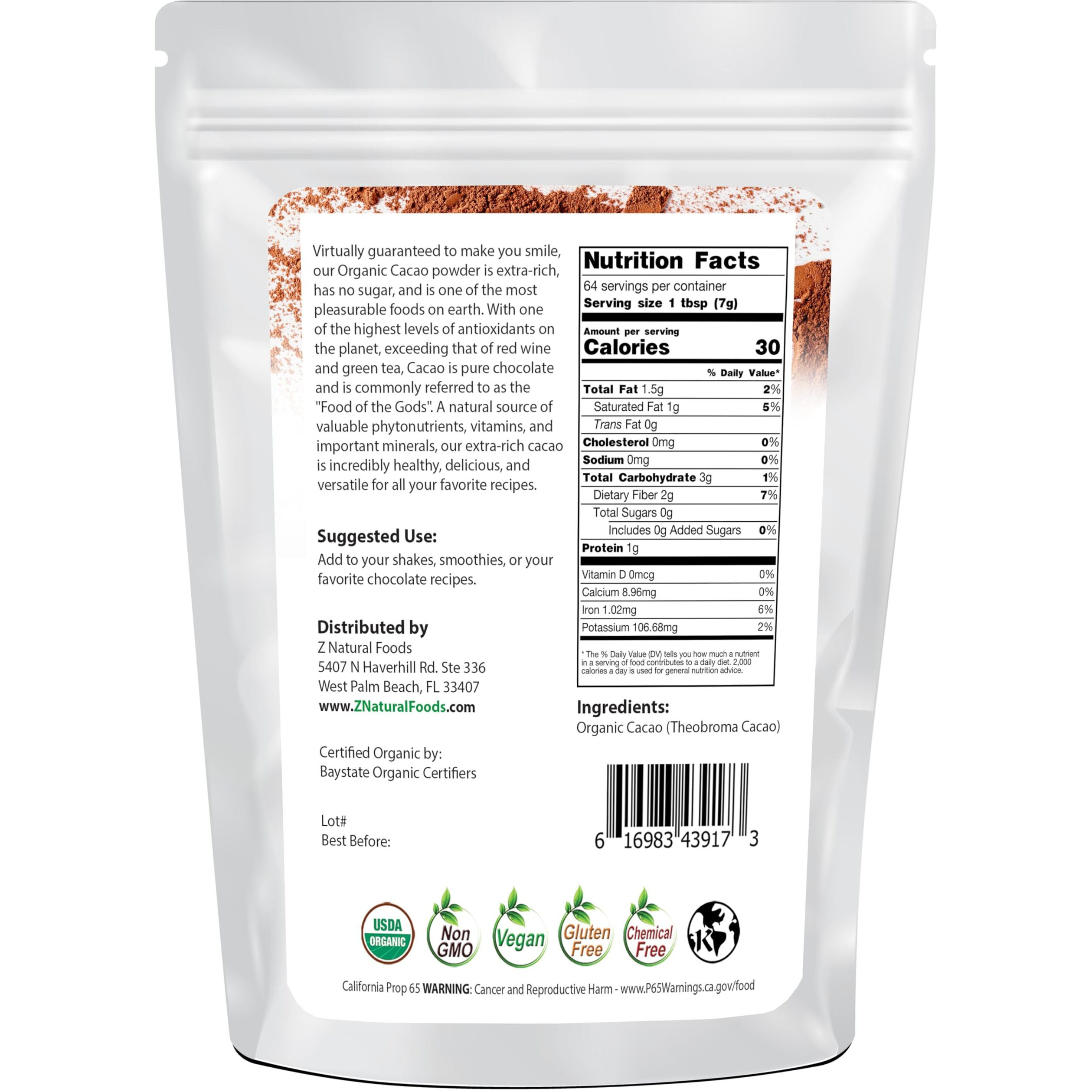 Z Natural Foods Organic Cacao Powder, Nutrition-Packed, Extra-Rich Dark Chocolate Flavor, Perfect For Chocolate Recipes, Shakes, Or Smoothies, Non-Gmo, Vegan, Gluten-Free, Kosher, 1 Lb.