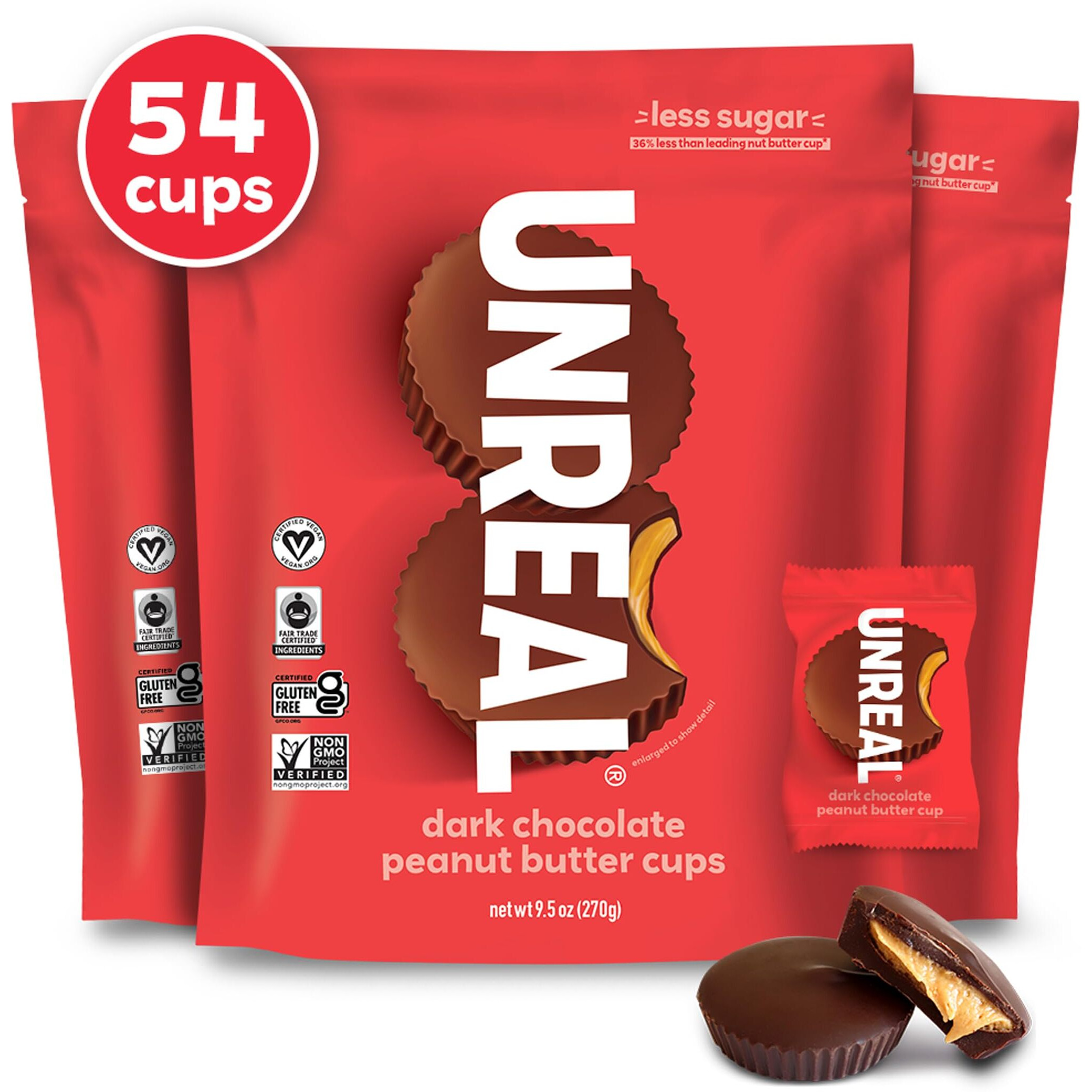 Unreal Dark Chocolate Peanut Butter Cups (3 Value Size Bags) | Vegan, 5G Sugar | Gluten Free, Fair Trade, Non-Gmo | 9.5Oz Each