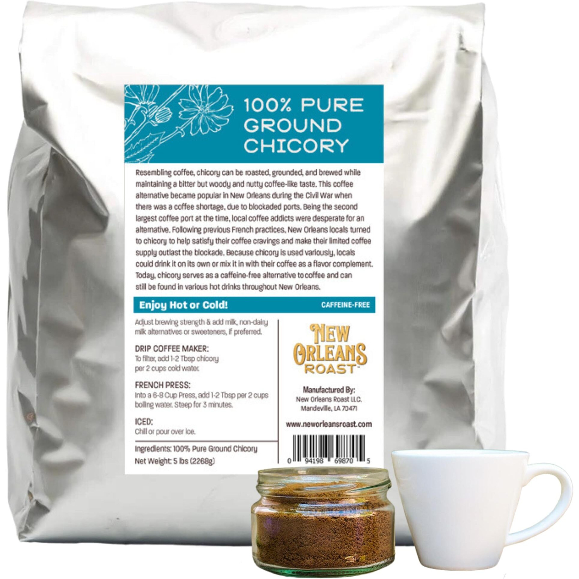 New Orleans Roast Pure French Chicory - 5 Pound Bag (Pack Of 1) - Coffee Alternative, Acid Free, Caffeine Free, Dark Roast, Brew Just Like Coffee, Blend Chicory Root With Coffee, Coffee Substitute