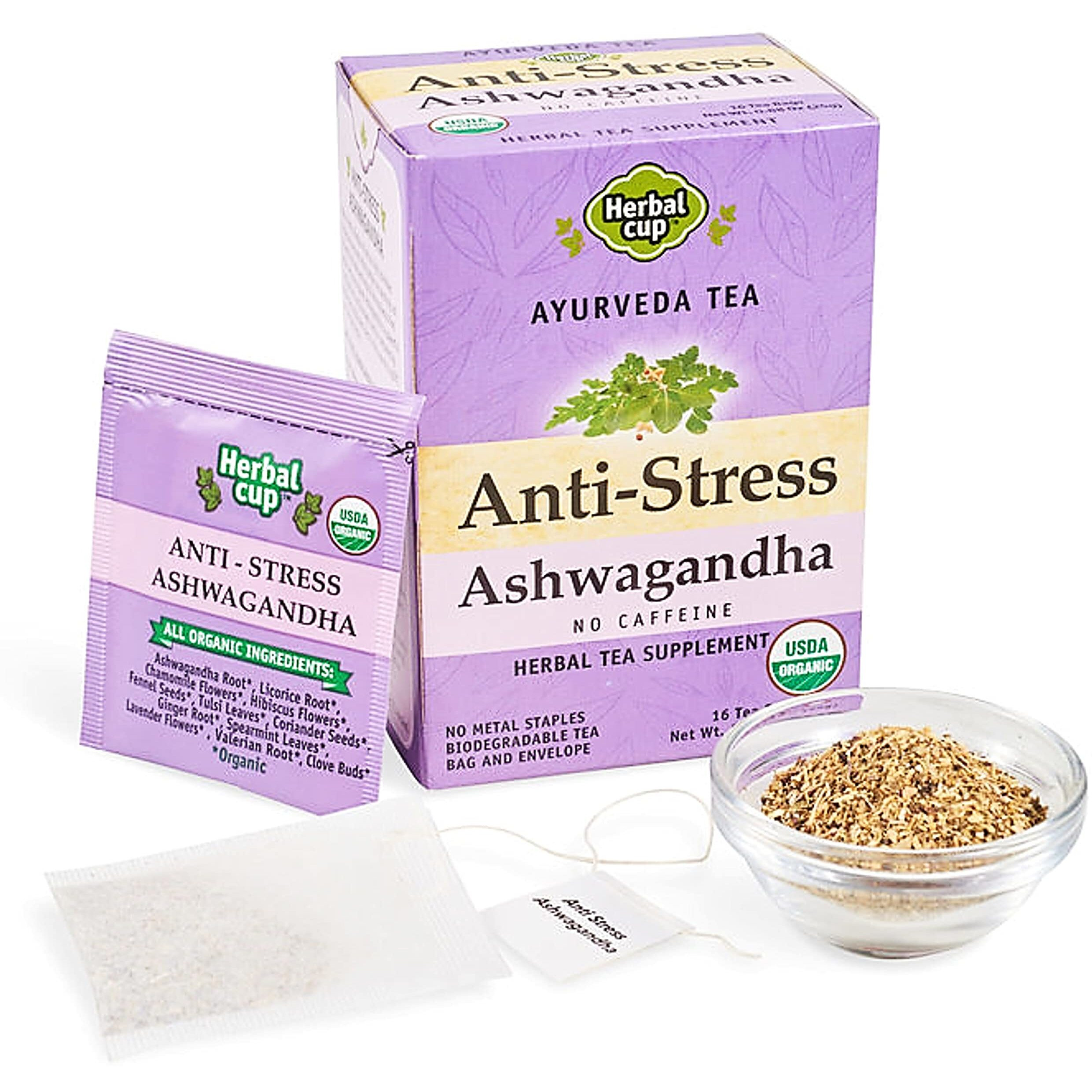 Herbal Cup Ayurveda Ashwagandha Tea, Organic Anti-Stress, No Caffeine Herbal Supplement (16 Count, Pack Of 6)