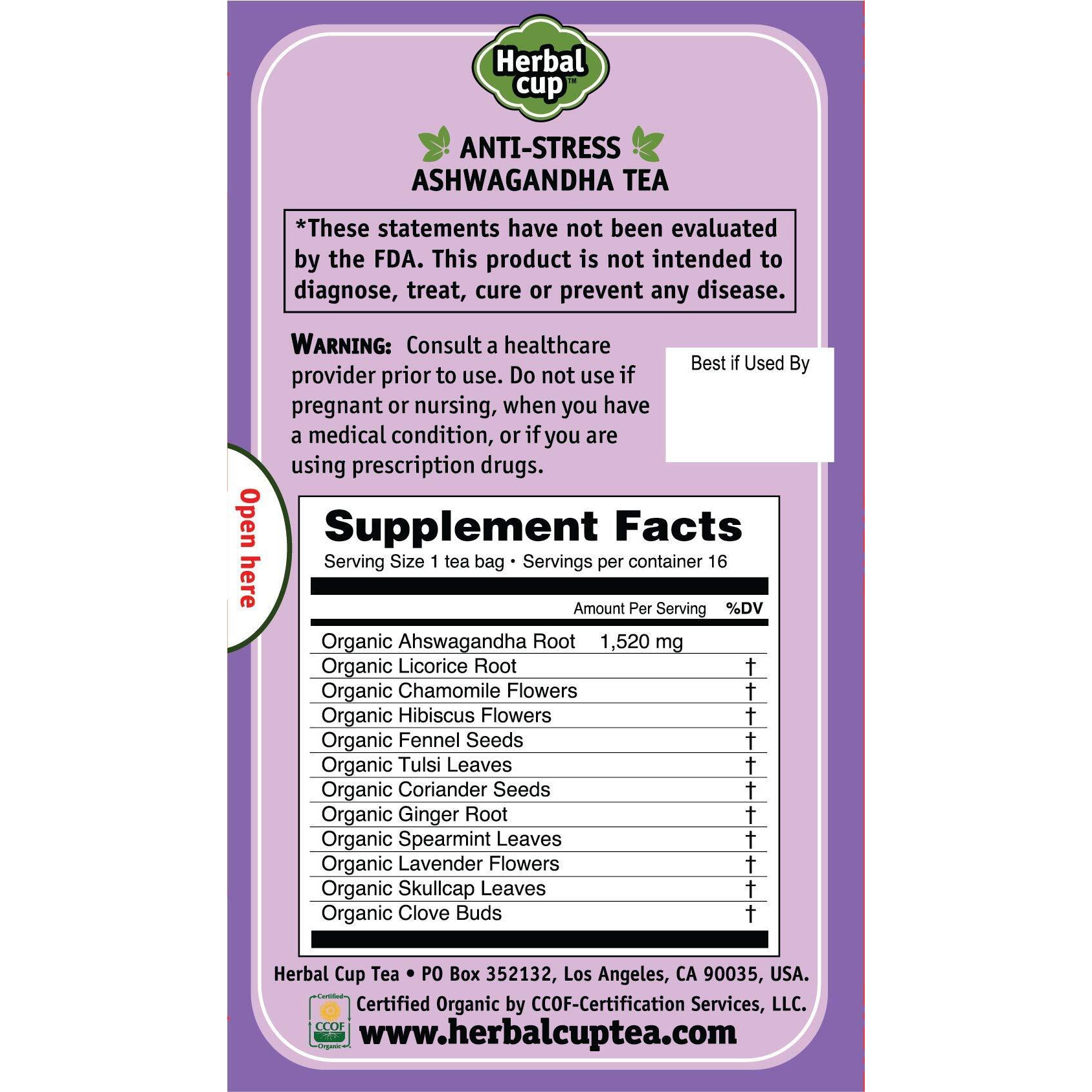 Herbal Cup Ayurveda Ashwagandha Tea, Organic Anti-Stress, No Caffeine Herbal Supplement (16 Count, Pack Of 6)