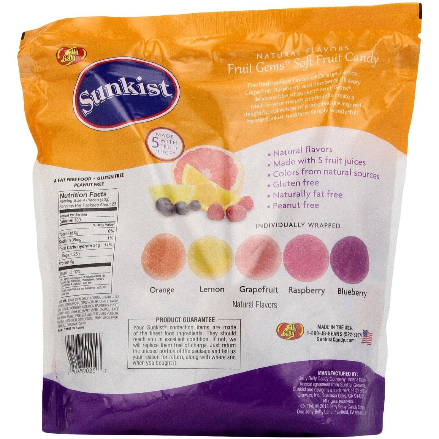 Jelly Belly, Sunkist, Fruit Gems, Soft Fruit Candies, 2Lb Bag (Pack Of 2)
