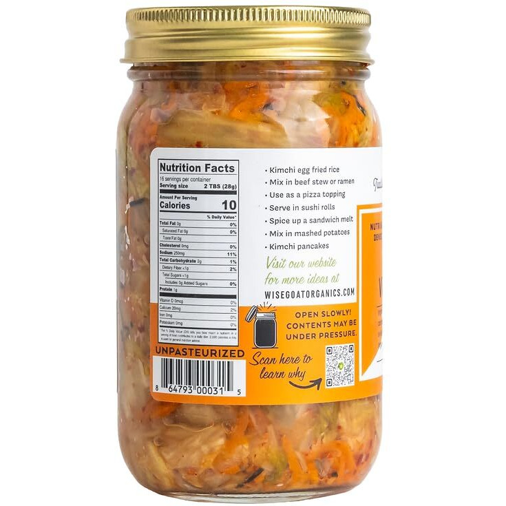 Certified Organic, Raw, Vegan Kimchi - High In Probiotics - Vegan/Paleo/Keto Friendly 16Oz Glass Jar - Wise Goat Organics