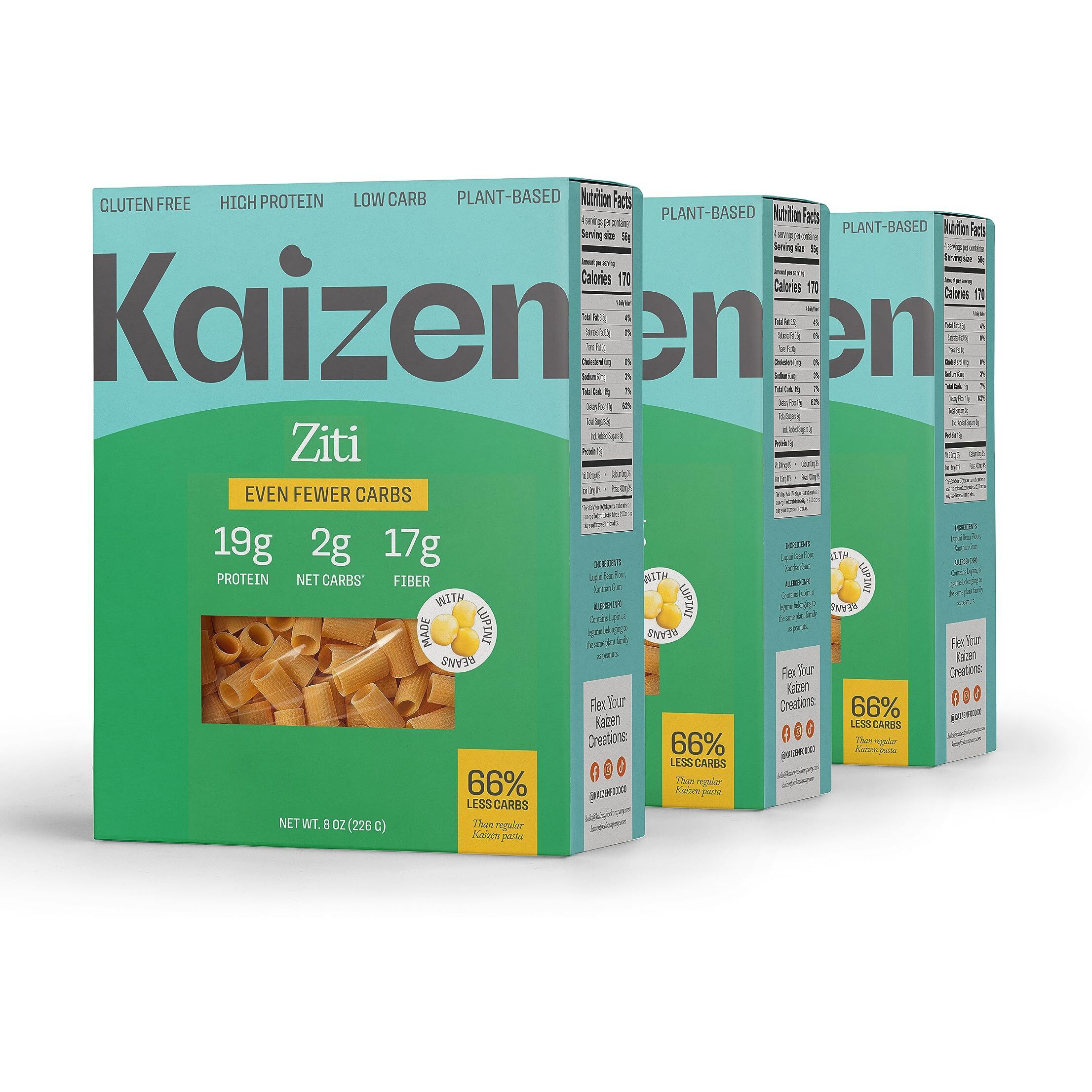 Kaizen Keto Pasta Ziti - 2 Net Carbs, 19G Protein - Gluten-Free, Keto Pasta Made With High Fiber Lupini Flour - 8 Ounces (Pack Of 3)