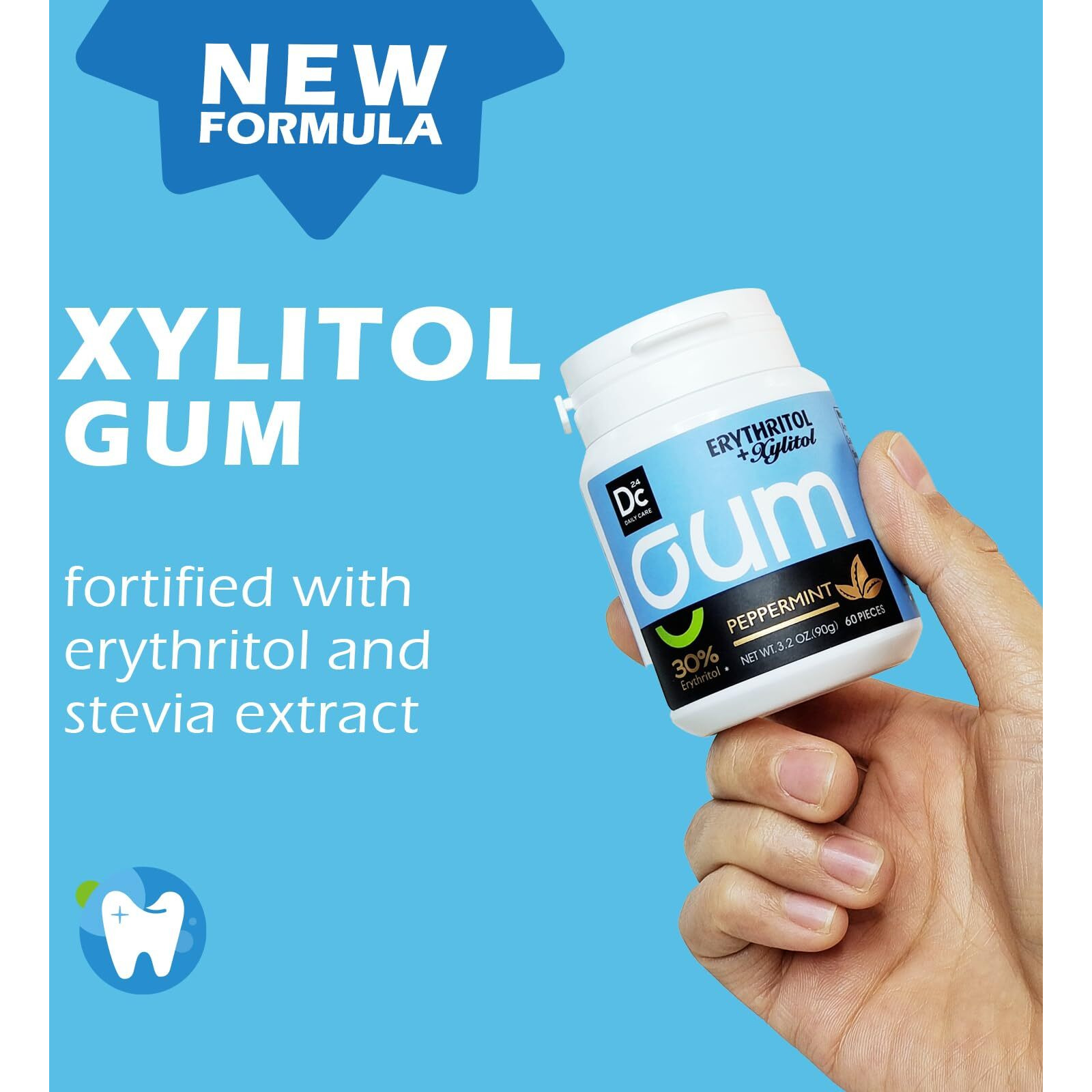 Dc24 Daily Care Xylitol Chewing Gum With Erythritol, Aspartame Free & Sugar Free Gum For Dry Mouth, Low-Calorie, Sugarless, Assorted Flavors Variety Bulk Pack 60-Piece Pack, 4 Packs