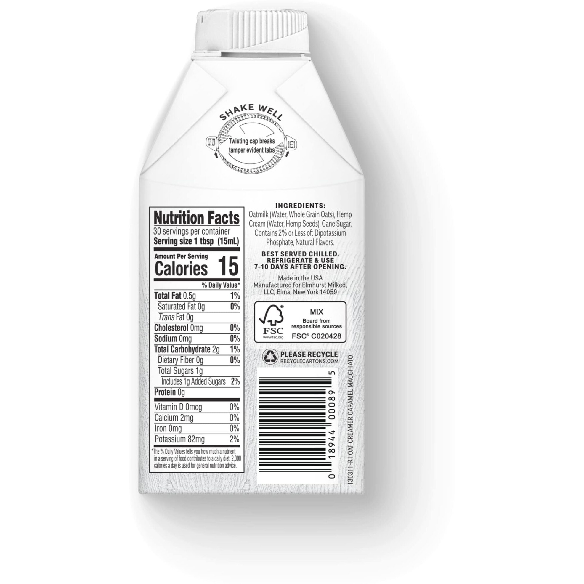 Elmhurst 1925 Caramel Macchiato Oat Creamer, Plant-Based, Vegan, 16 Ounce (Pack Of 6)