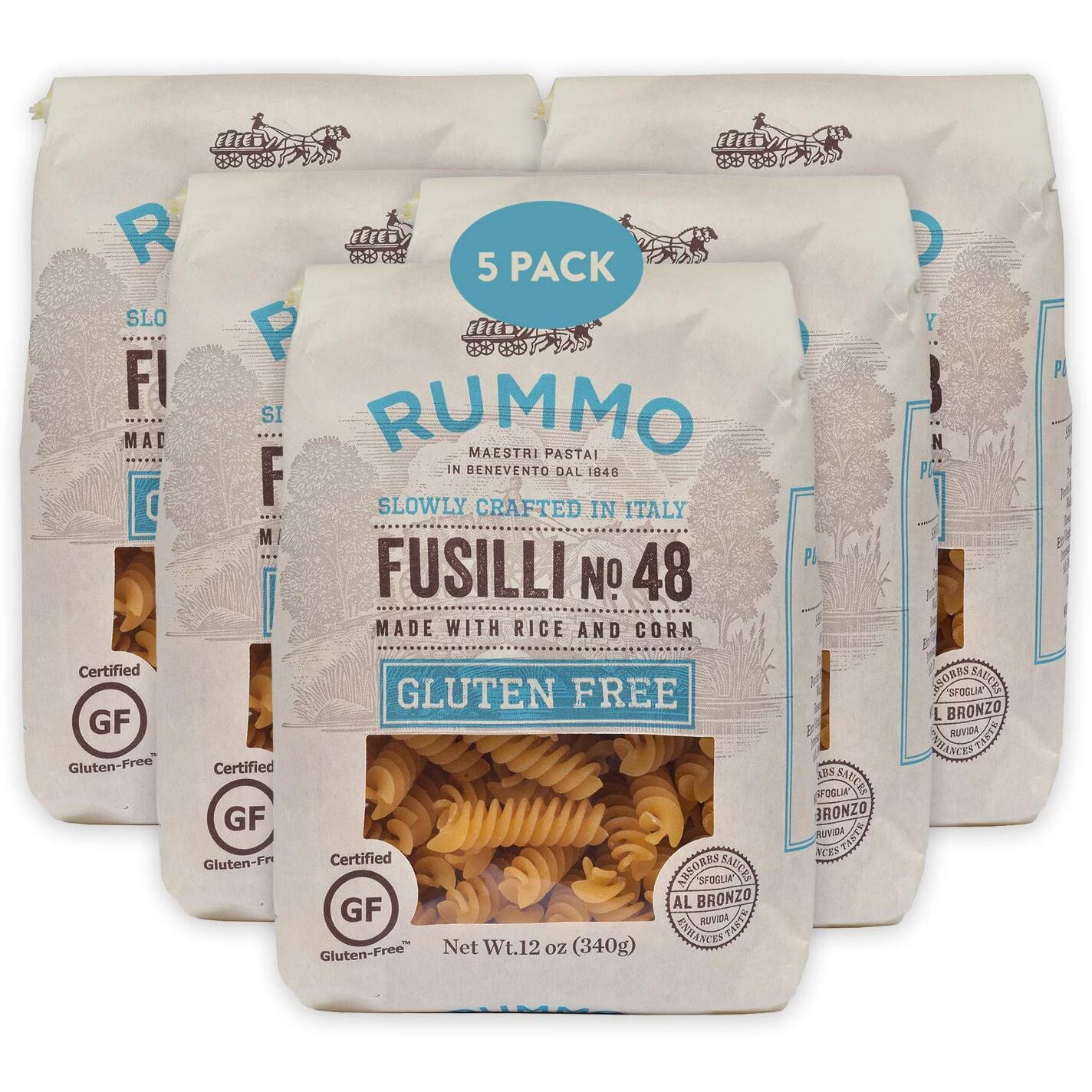 Rummo Gluten Free Fusilli N.48 - Gluten Free Fusilli Pasta Noodles, Made With Brown Rice & Corn, Pasta From Italy - 12 Ounce (Pack Of 5)