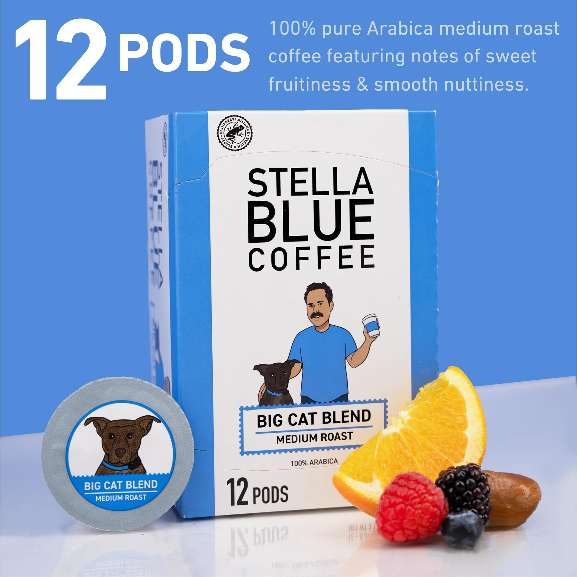Stella Blue Fresh K Cup Coffee Pods - Big Cat Blend - 100% Arabica Medium Roast - Ethically & Sustainably Sourced From Central America - Helps Support Paws Chicago - 12 Single Serve Pods