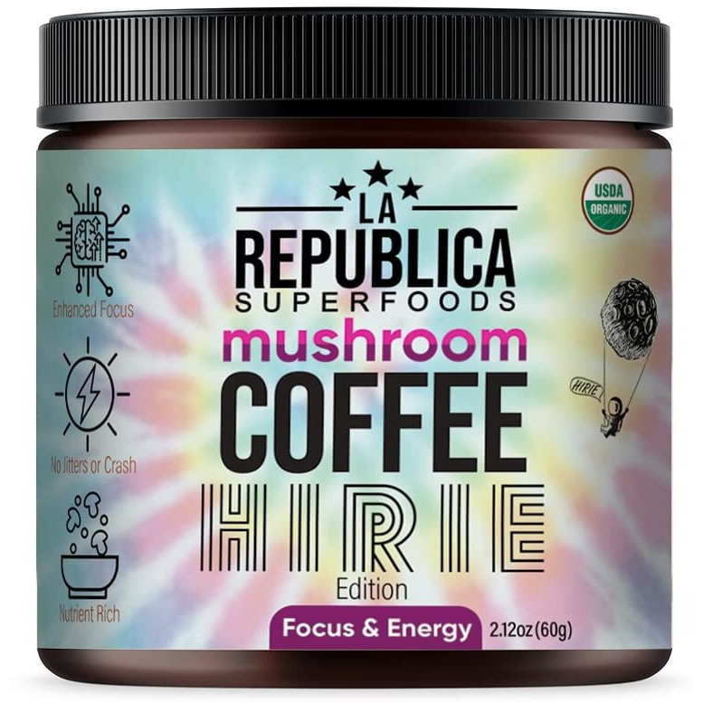Lrla Superfoods Organic Mushroom Coffee (Hirie Special Edition) 35 Servings With 7 Superfood Shrooms, 100% Fair Trade Rich Medium Roast Arabica Coffee, Usa Made