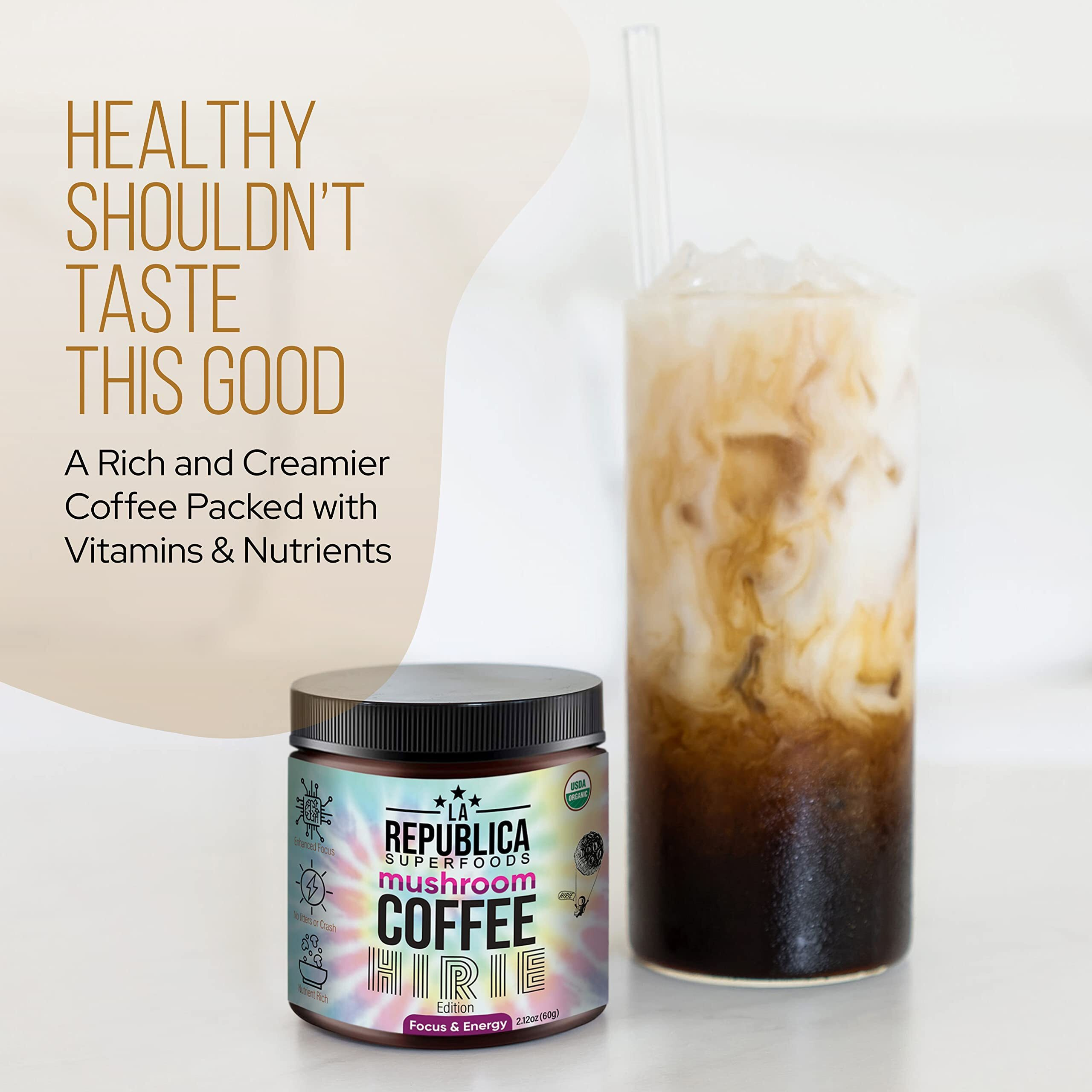 Lrla Superfoods Organic Mushroom Coffee (Hirie Special Edition) 35 Servings With 7 Superfood Shrooms, 100% Fair Trade Rich Medium Roast Arabica Coffee, Usa Made