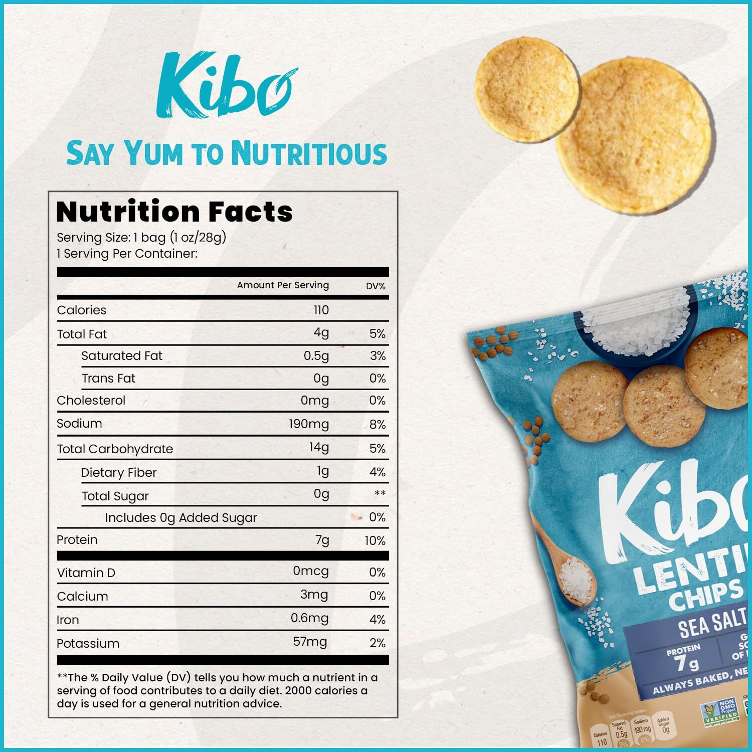 Kibo Sea Salt Flavor Gluten Free Non Gmo Plant Based Lentil Chips 28 Grams, 12 Pack