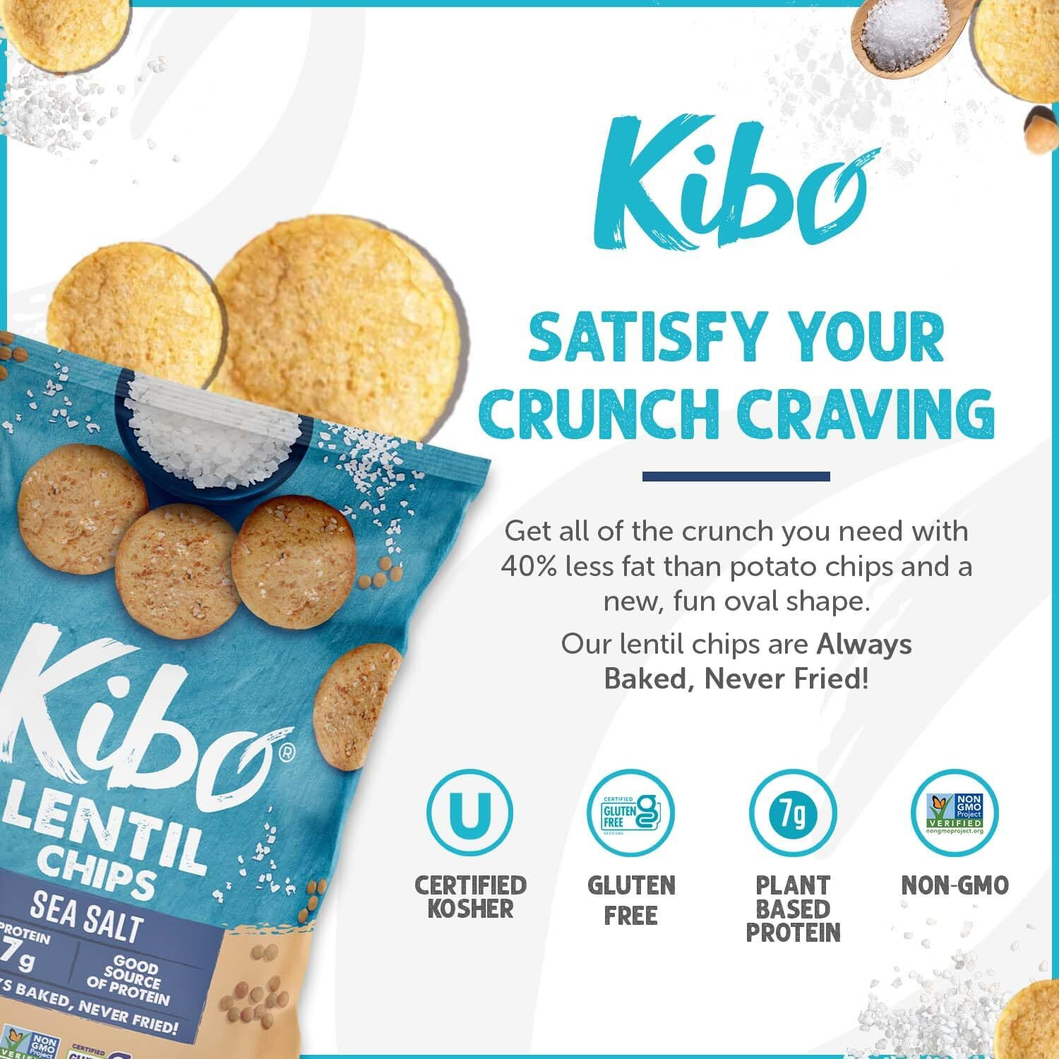 Kibo Sea Salt Flavor Gluten Free Non Gmo Plant Based Lentil Chips 28 Grams, 12 Pack