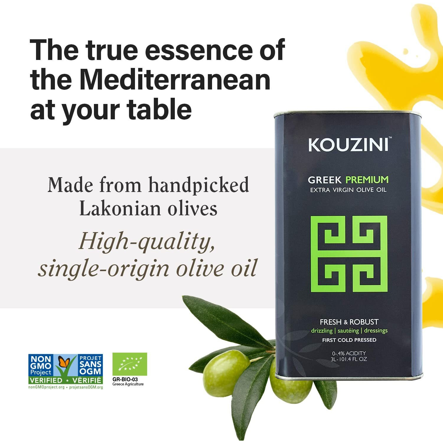 Kouzini Greek Premium Extra Virgin Olive Oil, 3 Liter Tin, Cold Pressed, Single Origin, Rich Flavor & Aroma