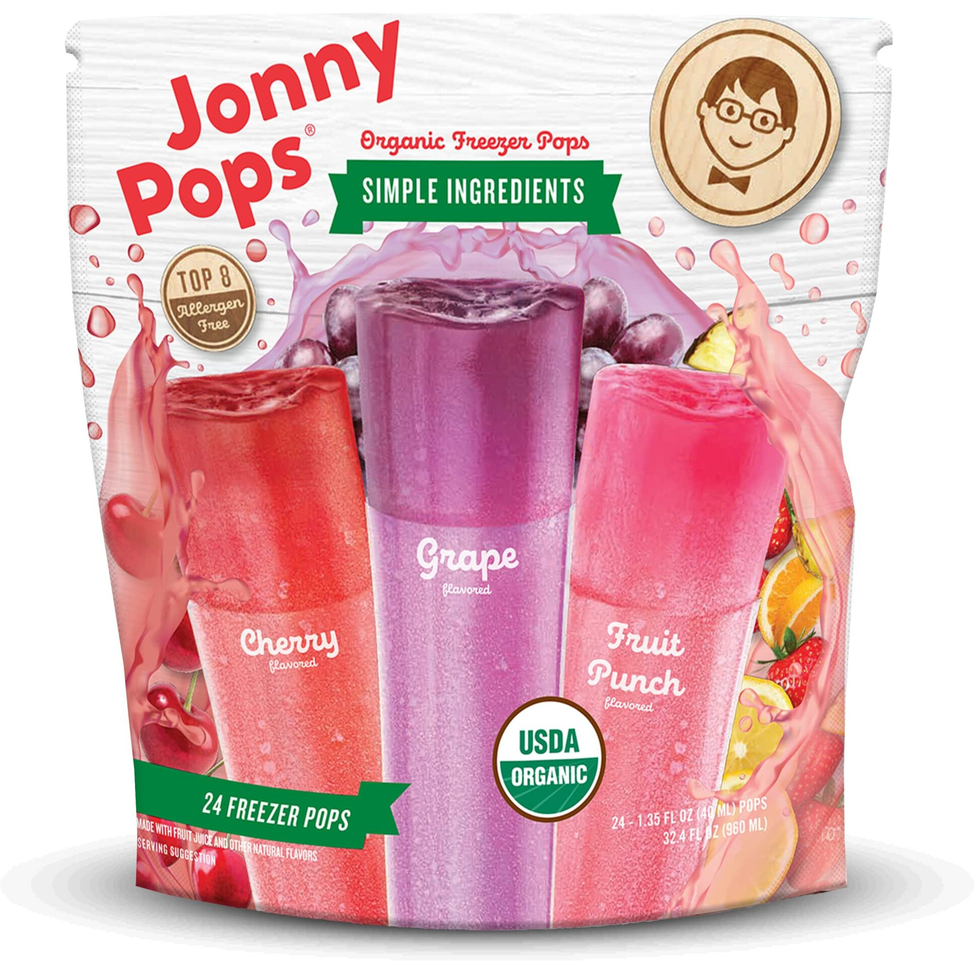 Jonnypops Organic Freezer Pops Variety Pack - Grape, Cherry, Fruit Punch - Top 8 Allergen Free, Vegan & Kosher (24 Count - 1 Pack)