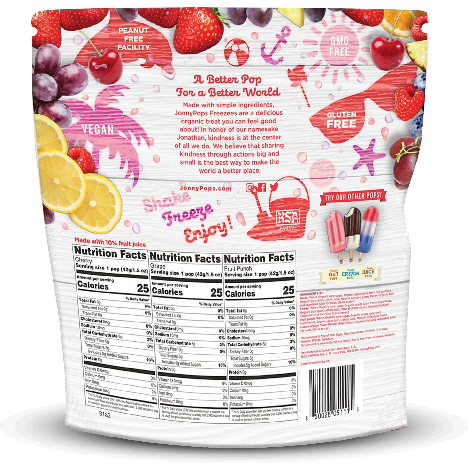 Jonnypops Organic Freezer Pops Variety Pack - Grape, Cherry, Fruit Punch - Top 8 Allergen Free, Vegan & Kosher (24 Count - 1 Pack)