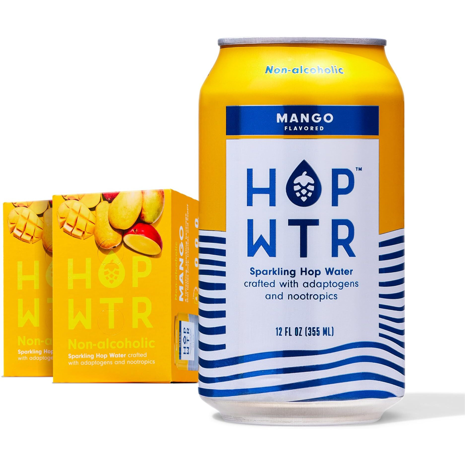 Hop Wtr Sparkling Hop Water, Mango 12 Pack, Sugar Free, Low Carb Non Alcoholic Drinks, Na Beer, Adaptogen Drink, No Calories, Adaptogens & Nootropics For Added Benefits, 12 Oz Cans