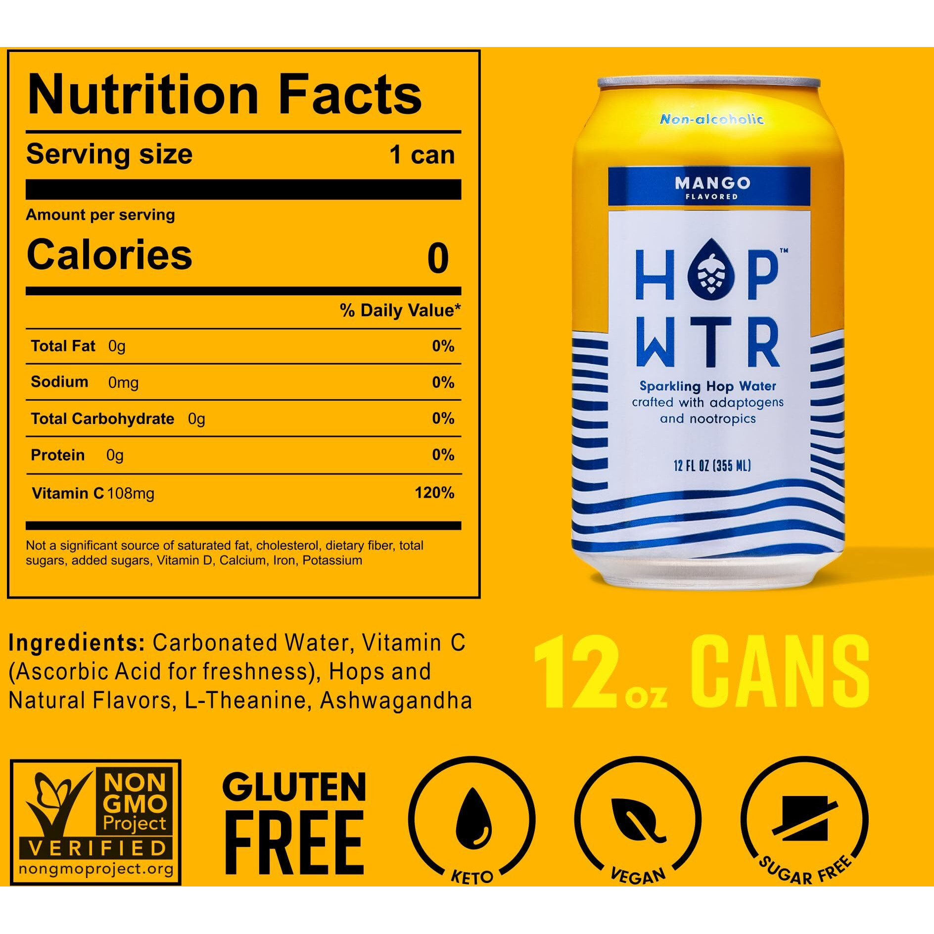 Hop Wtr Sparkling Hop Water, Mango 12 Pack, Sugar Free, Low Carb Non Alcoholic Drinks, Na Beer, Adaptogen Drink, No Calories, Adaptogens & Nootropics For Added Benefits, 12 Oz Cans