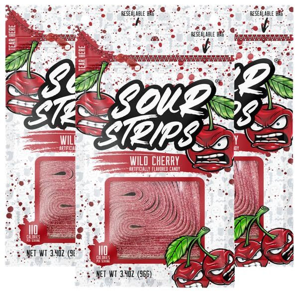 Sour Strips Flavored Sour Candy Strips, Deliciously Sour Chewy Candy Belts, Vegetarian Candies, 3 Pack (Wild Cherry (3-Pack))