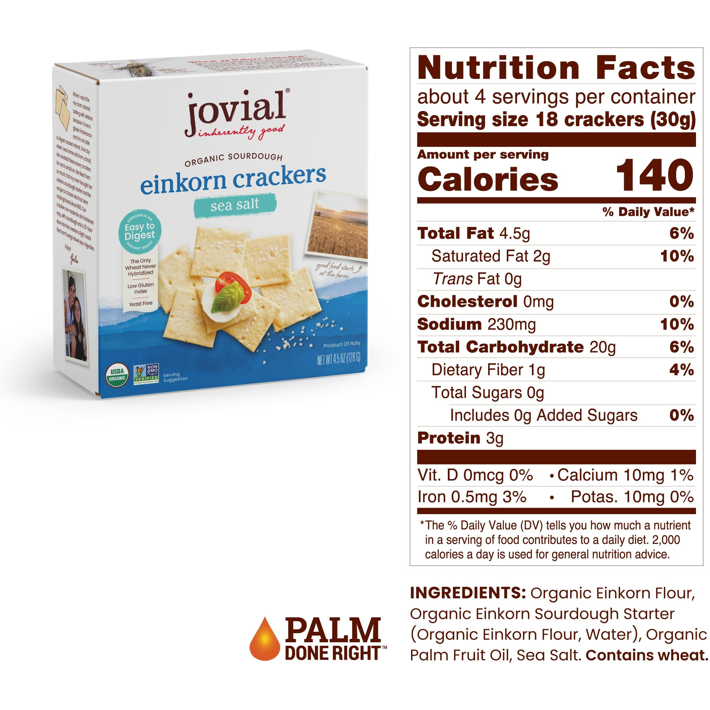 Jovial Organic Sourdough Einkorn Sea Salt Crackers - Sourdough Crackers, Crackers For Cheese Platter, Made With Einkorn, Usda Organic, Non-Gmo - 4.5 Oz, 2 Pack