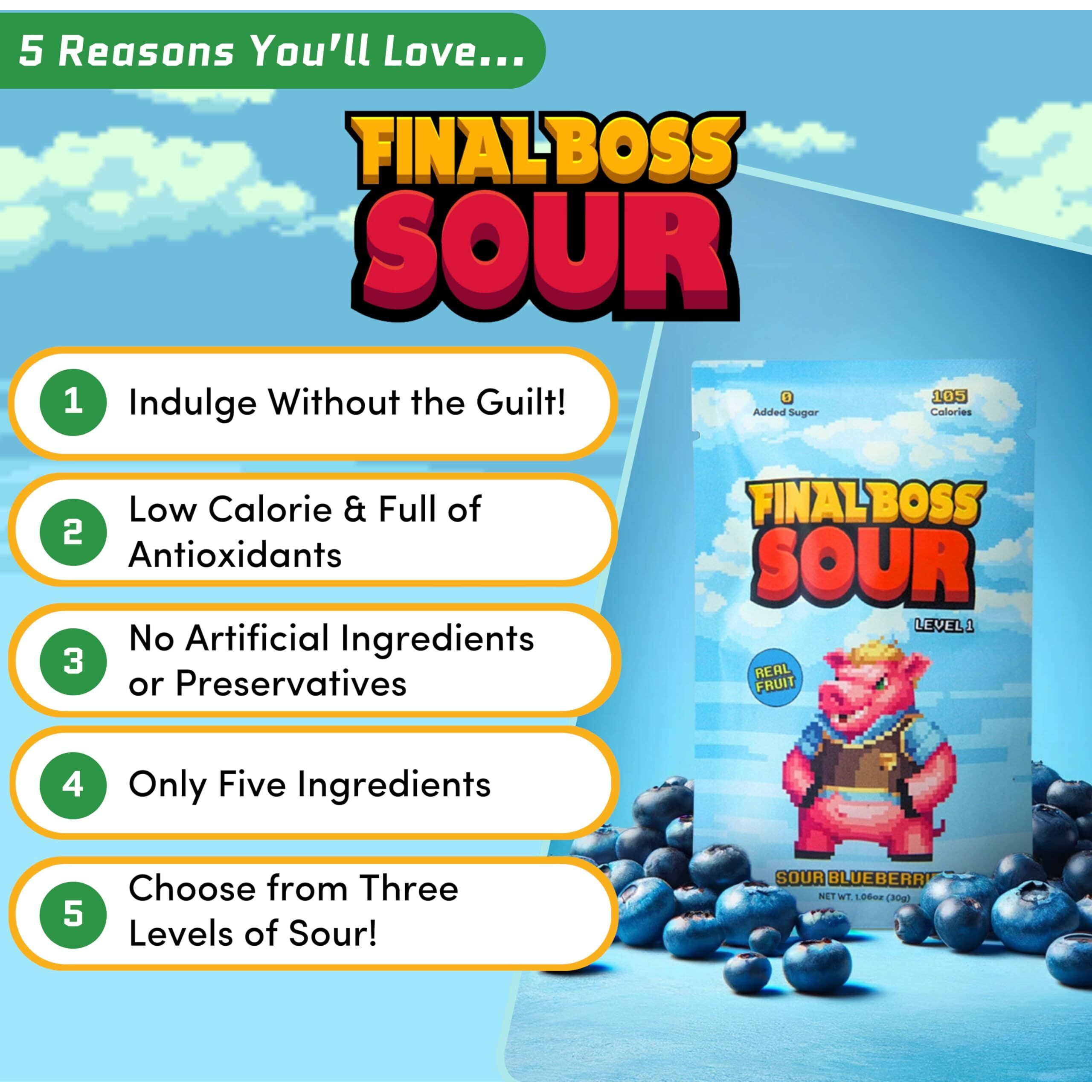 Final Boss Extremely Super Sour Candy, Natural Chewy Blueberry Gummies Made With Dried Fruit, Free Of Artificial Colors, Low Calorie Healthy Snack For Kids & Adults, 1.06Oz, 12 Pack (Lvl 1 Sourness)