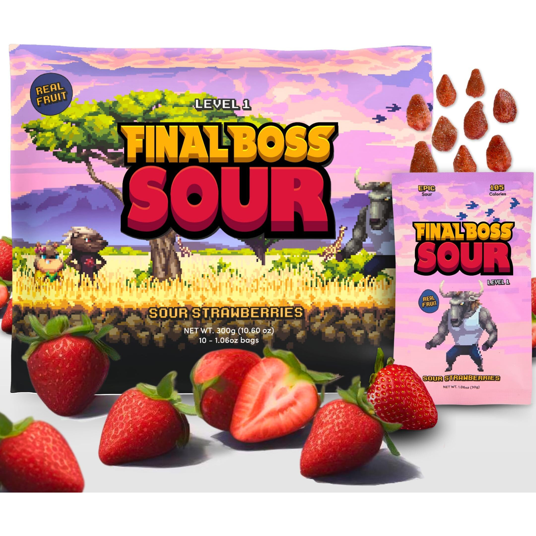 Final Boss Extremely Super Sour Candy, Natural Chewy Strawberry Gummies Made With Dried Fruit, Free Of Artificial Colors, Low Calorie Healthy Snack For Kids & Adults, 1.06Oz, 10 Pack (Lvl 1 Sourness)