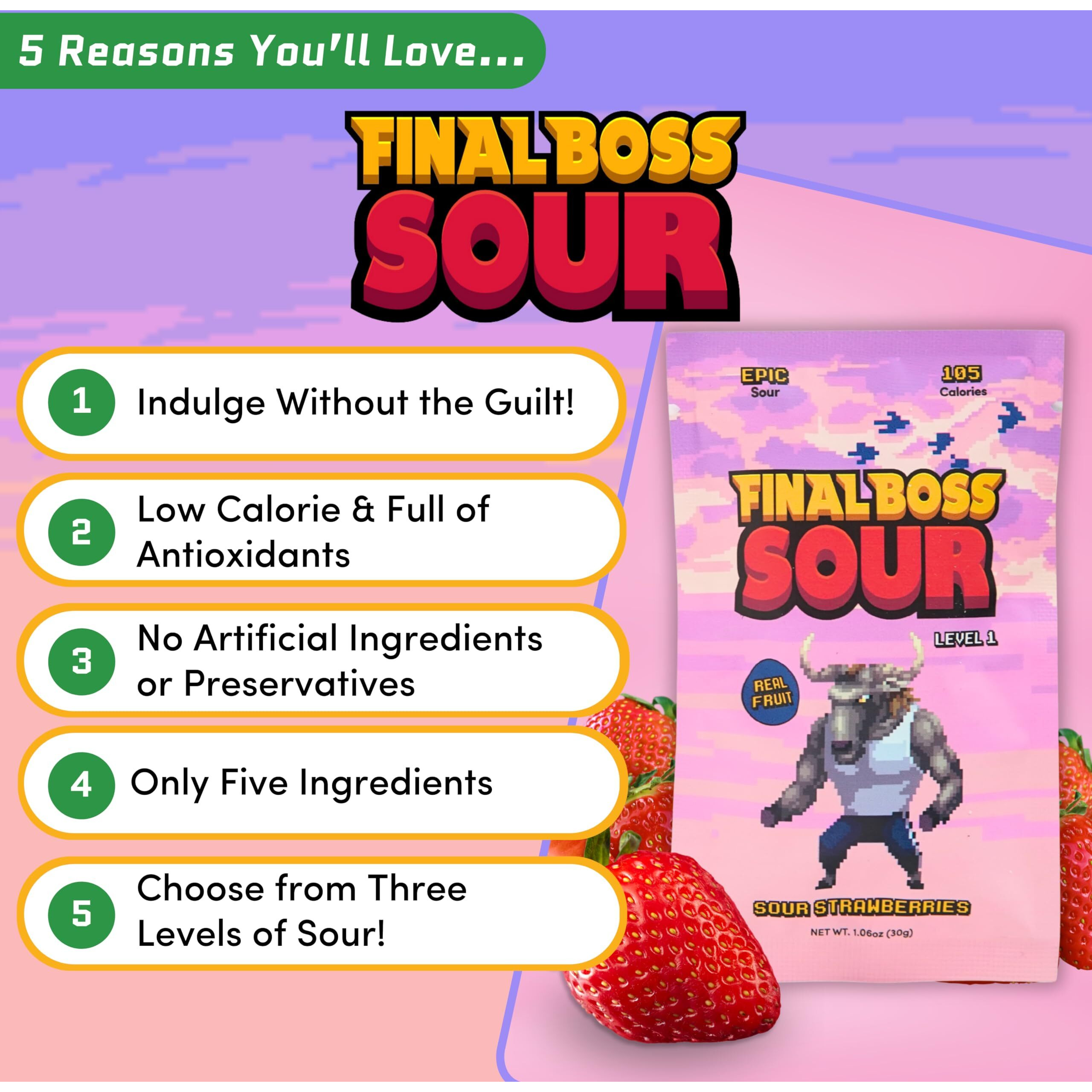 Final Boss Extremely Super Sour Candy, Natural Chewy Strawberry Gummies Made With Dried Fruit, Free Of Artificial Colors, Low Calorie Healthy Snack For Kids & Adults, 1.06Oz, 10 Pack (Lvl 1 Sourness)
