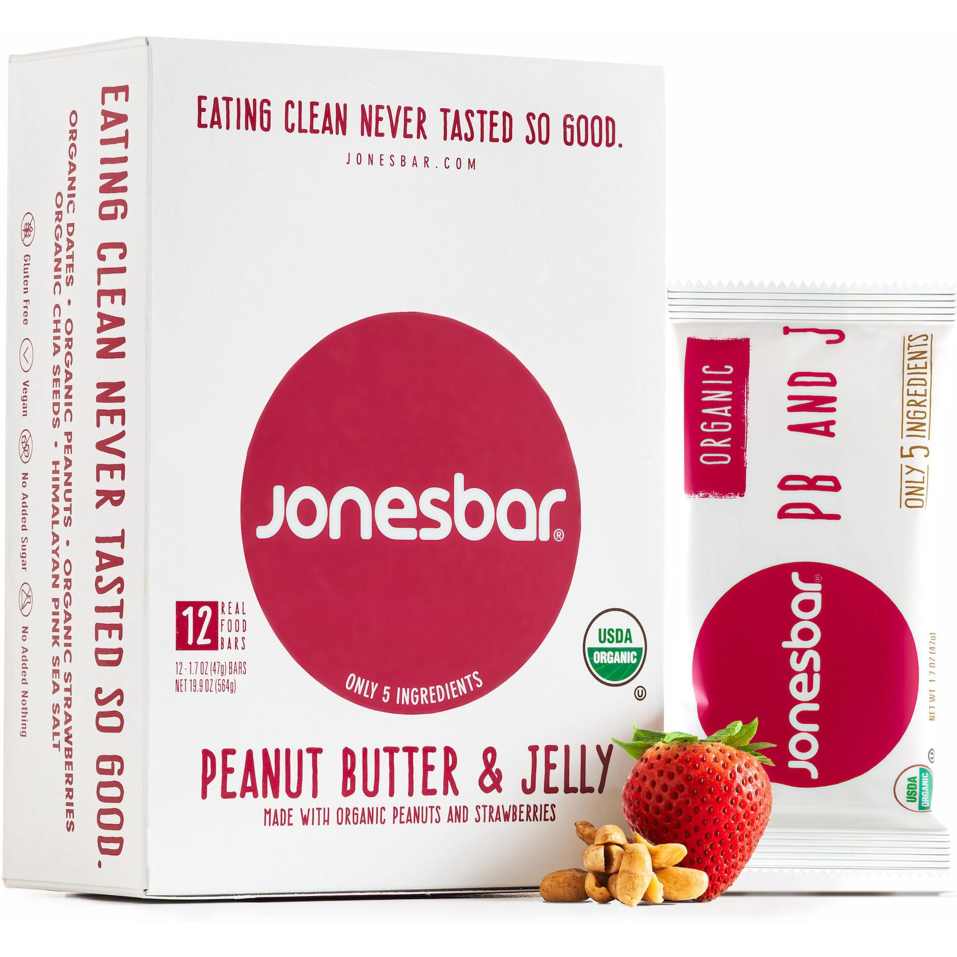 Jonesbar (Peanut Butter And Jelly, 12 Count (Pack Of 1)), Usda Organic Fruit & Nut Bar, Non-Gmo, Kosher, Vegan, Gluten Free, Simple Snack Bar