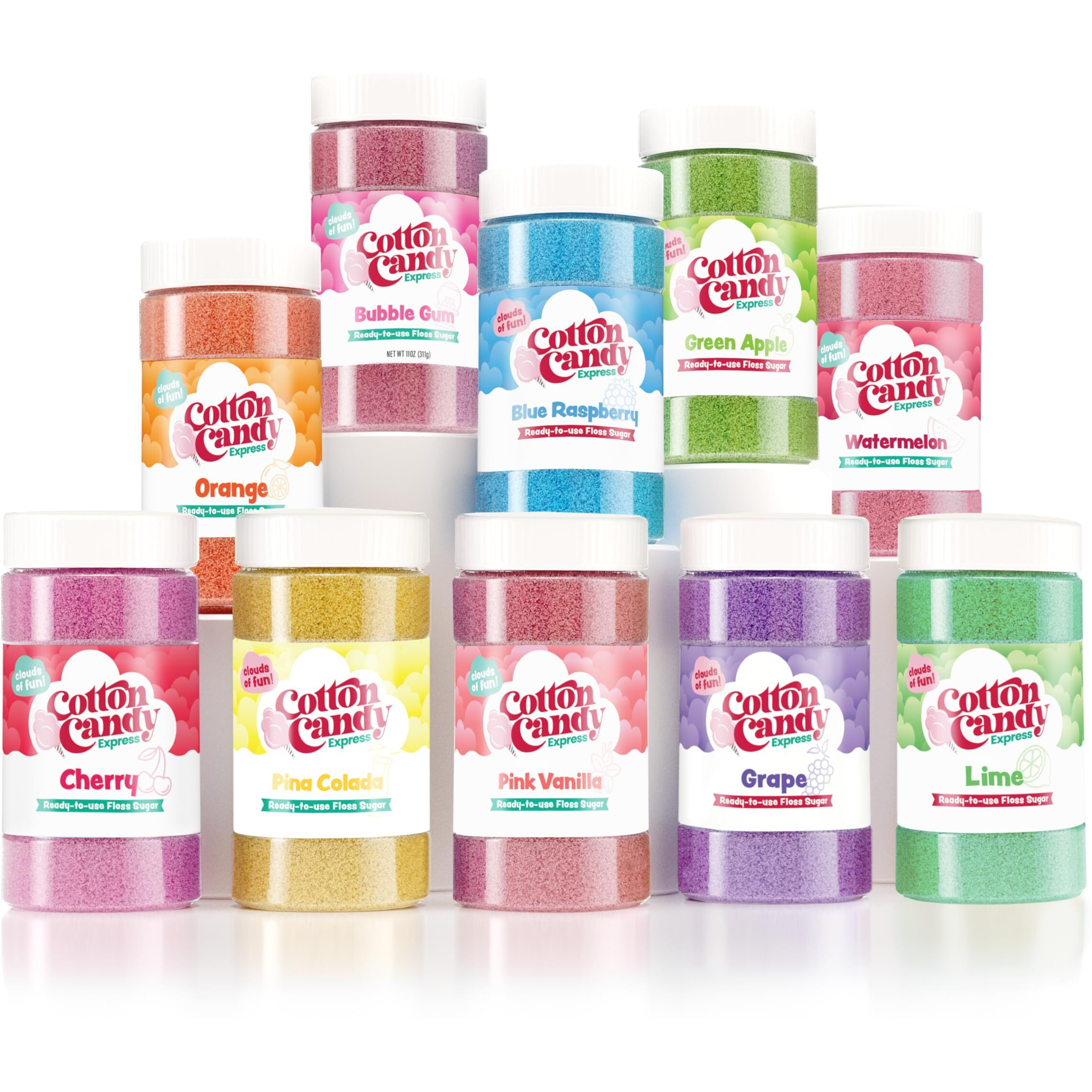Cotton Candy Express Floss Sugar Variety Pack, 10 - 11Oz Plastic Jars Of Pina Colada, Orange, Bubble Gum, Grape, Watermelon, Green Apple, & More