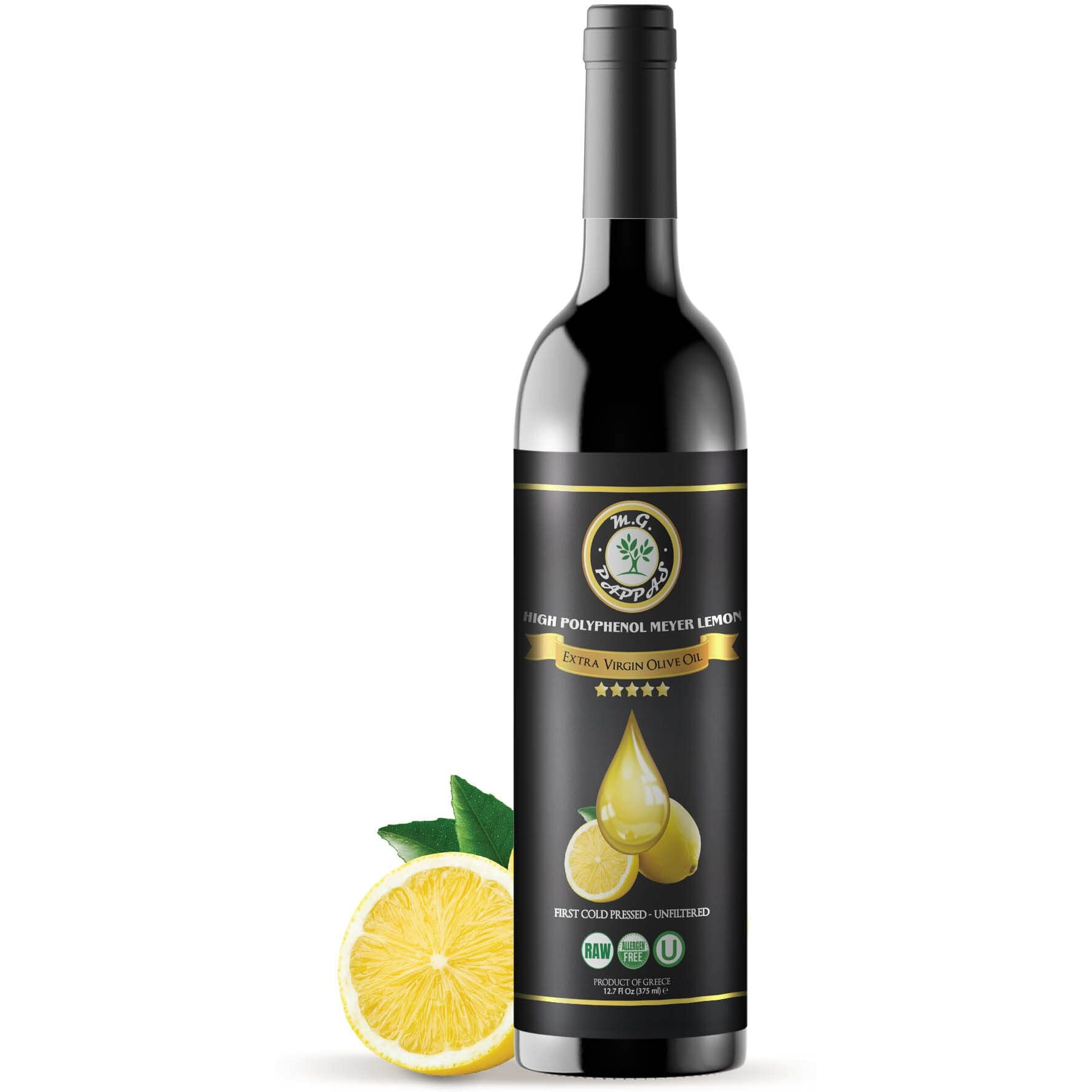 M.G. Pappas High Polyphenol Rich Meyer Lemon Olive Oil - Extra Virgin Olive Oil Polyphenol Lab Report 650Mg/Kg - Cold Pressed & Unfiltered - High Hydroxytyrosol Greek Olive Oil - Award Winning 12.7 Oz