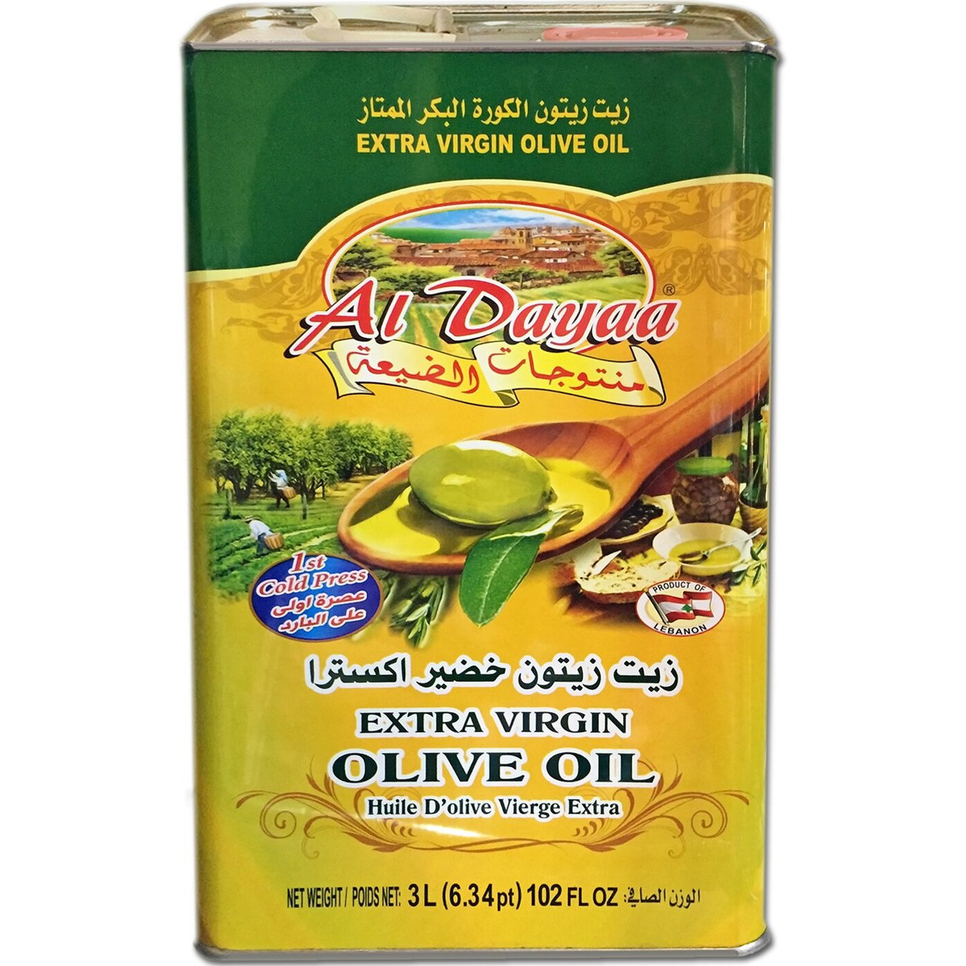 Al Dayaa - Extra Virgin Olive Oil, 3L (102 Fl Oz), Product Of Lebanon