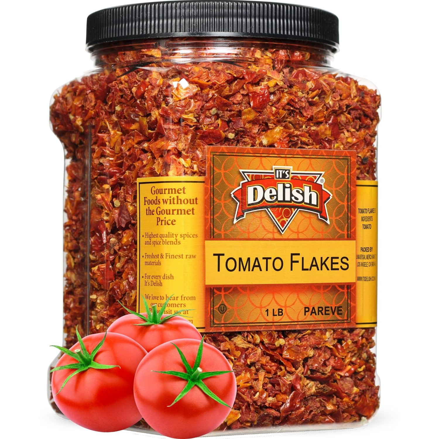Premium Dried Tomato Flakes By It's Delish - 16 Oz Jumbo Reusable Container - Dried Natural Tomatoes Ready To Cook - Dehydrated Tomato Vegetable Flakes - Great For Home Cooking, Camping & Backpacking