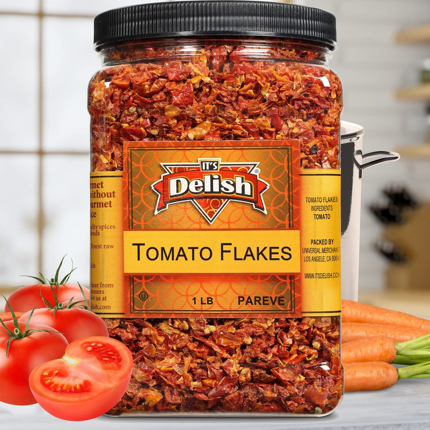 Premium Dried Tomato Flakes By It's Delish - 16 Oz Jumbo Reusable Container - Dried Natural Tomatoes Ready To Cook - Dehydrated Tomato Vegetable Flakes - Great For Home Cooking, Camping & Backpacking