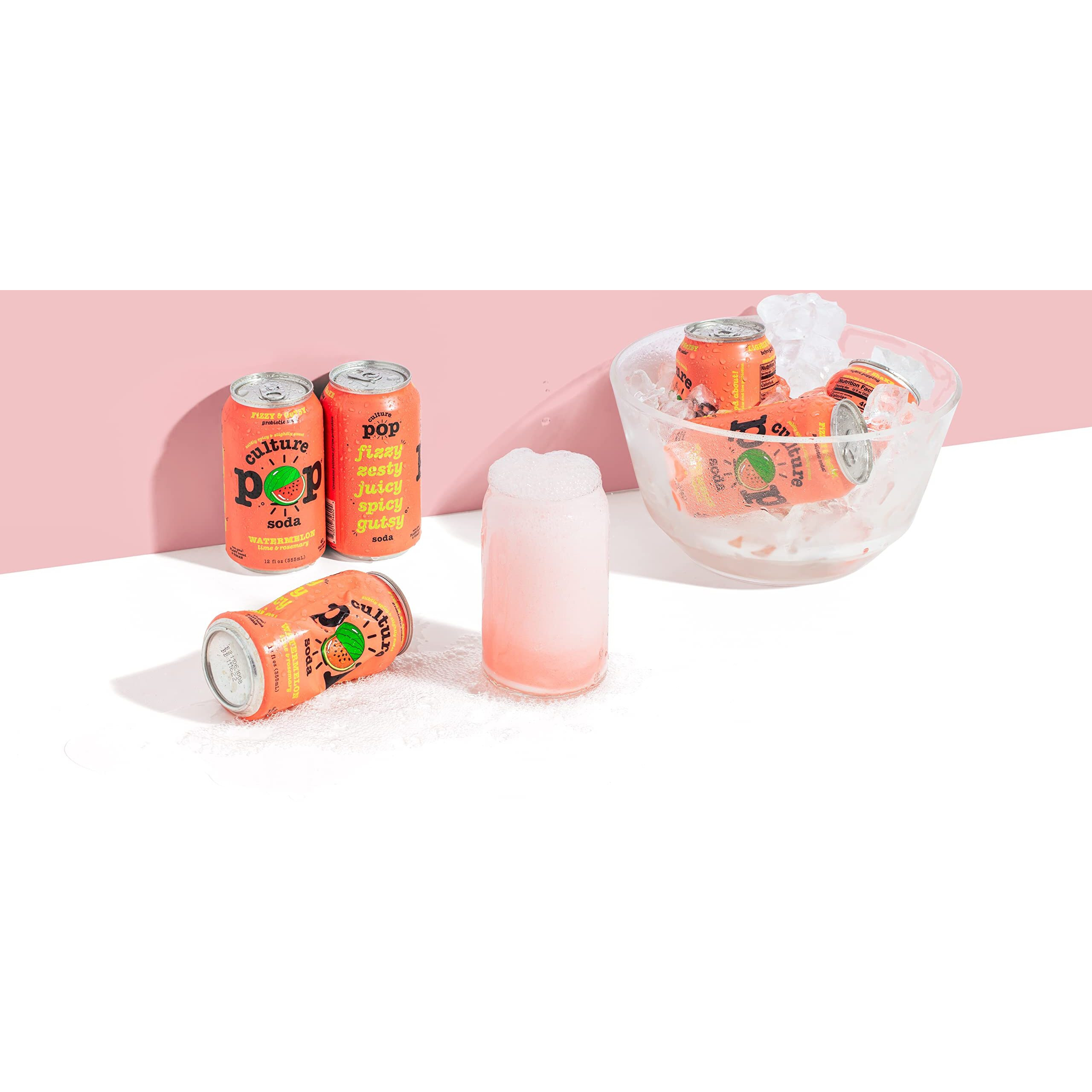 Culture Pop Soda Sparkling Probiotic Drink, Vegan Soda For Gut Health, Non-Gmo, Gf, No Added Sugar, 12 Pack, 12 Fl Oz Cans, Watermelon