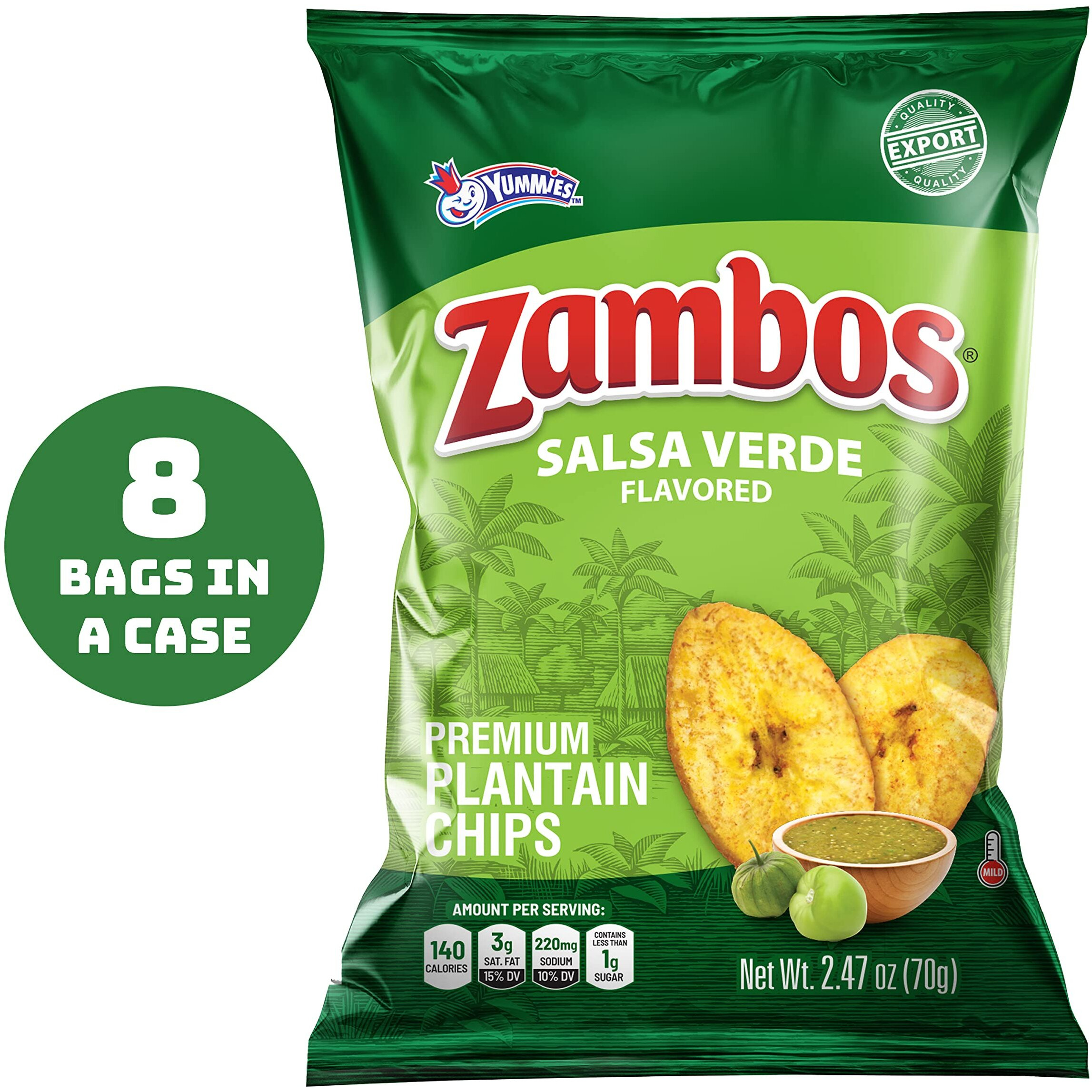 Zambos Plantain Chips Salsa Verde, Crunchy Premium Plantain Chips, 8 Pack 2.47 Ounce